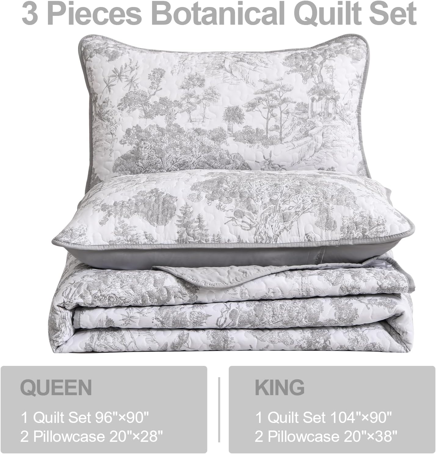 WONGS BEDDING Grey Quilt Set Queen 3 Piece Reversible