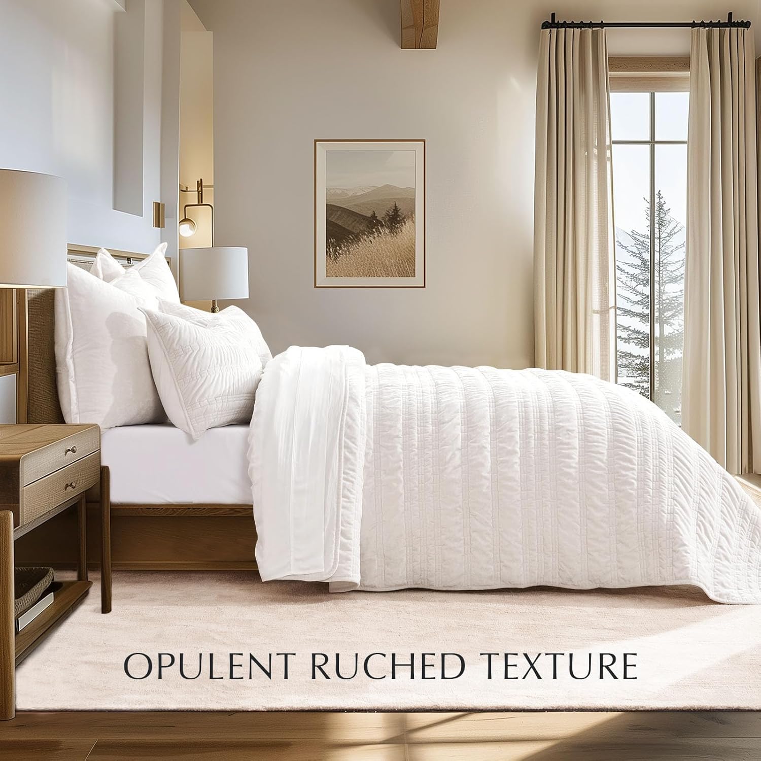 EVERGRACE Velvet Quilt Set Queen Size Ivory White 1