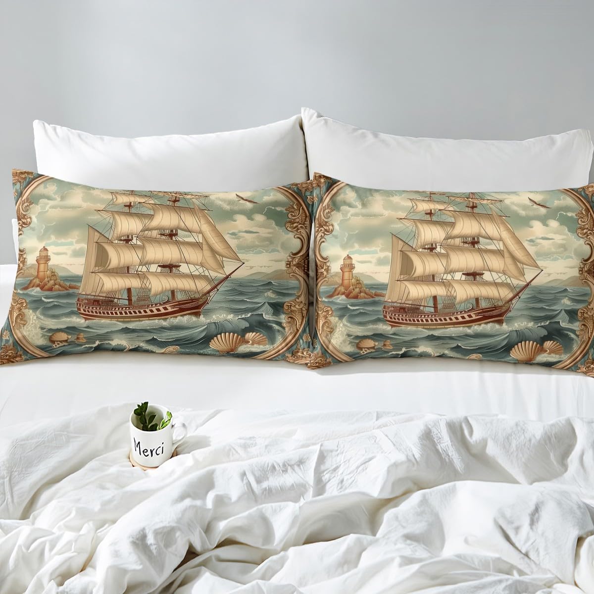 Manfei Nautical Kids Fitted Sheet Set - Blue Beige Ocean Adventure
