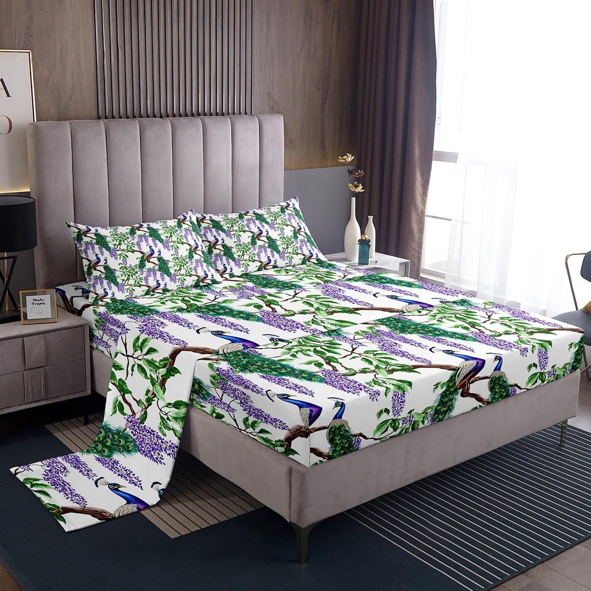 Jejeloiu Peacock King Size Bed Sheet Set