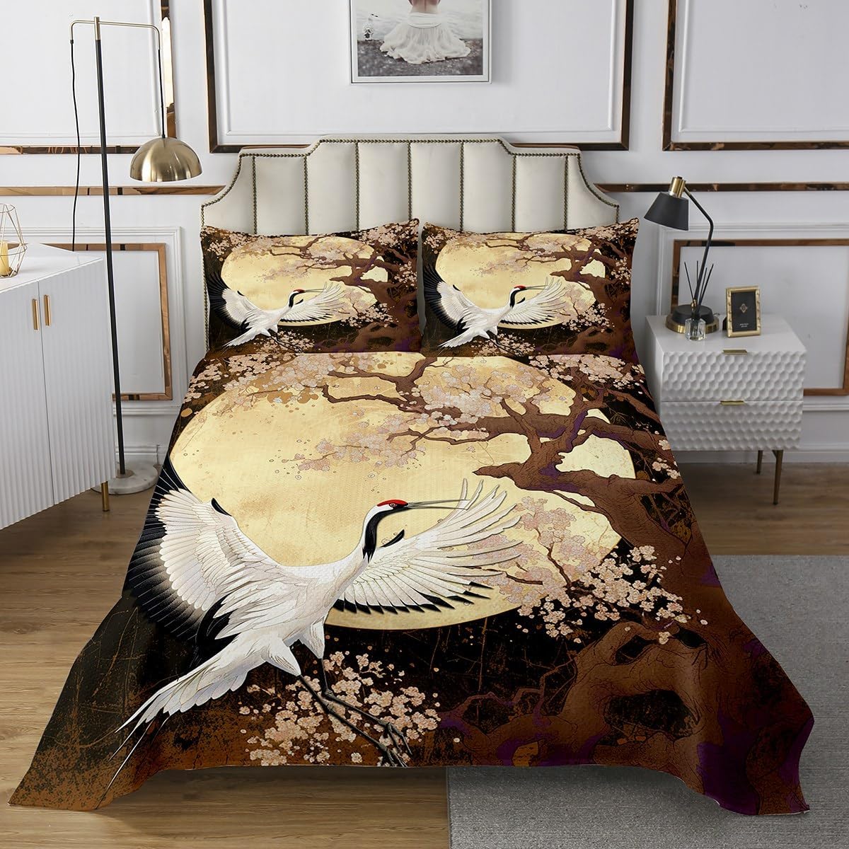 Erosebridal Red-Crowned Crane King Size Bedspread Set