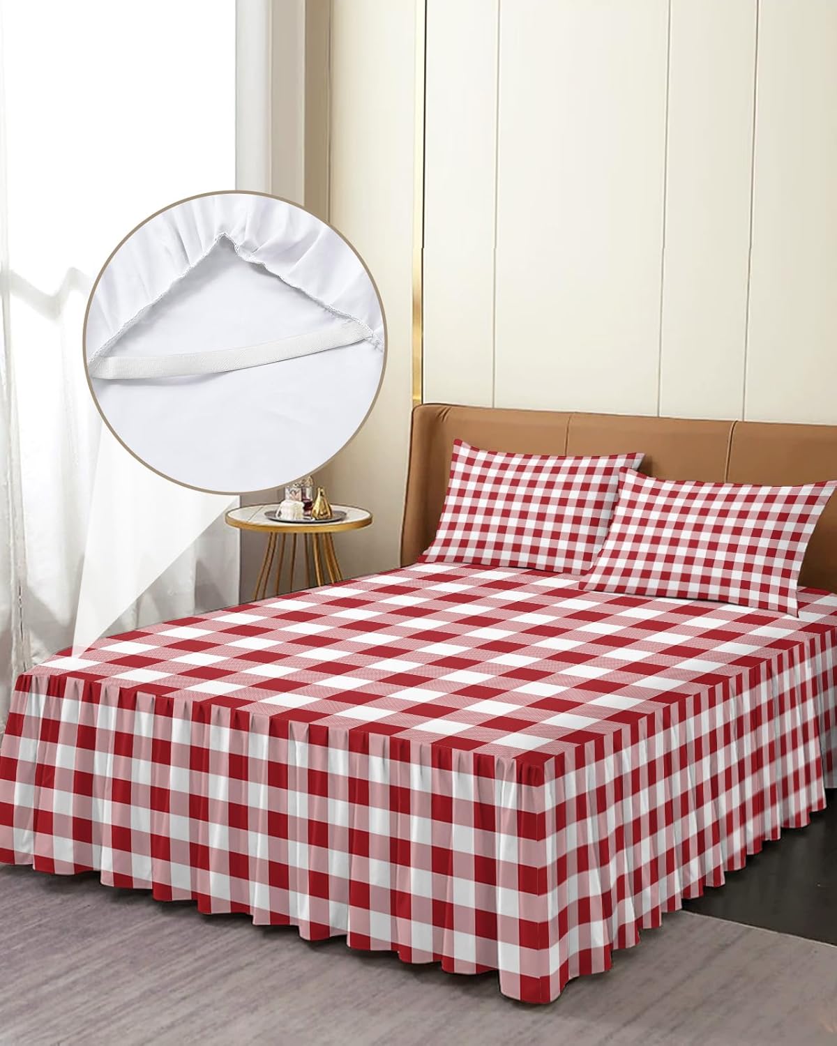 ZFUNCING Rustic Farm Plaid Red White Bed Skirt Set with 2 Pillow Shams