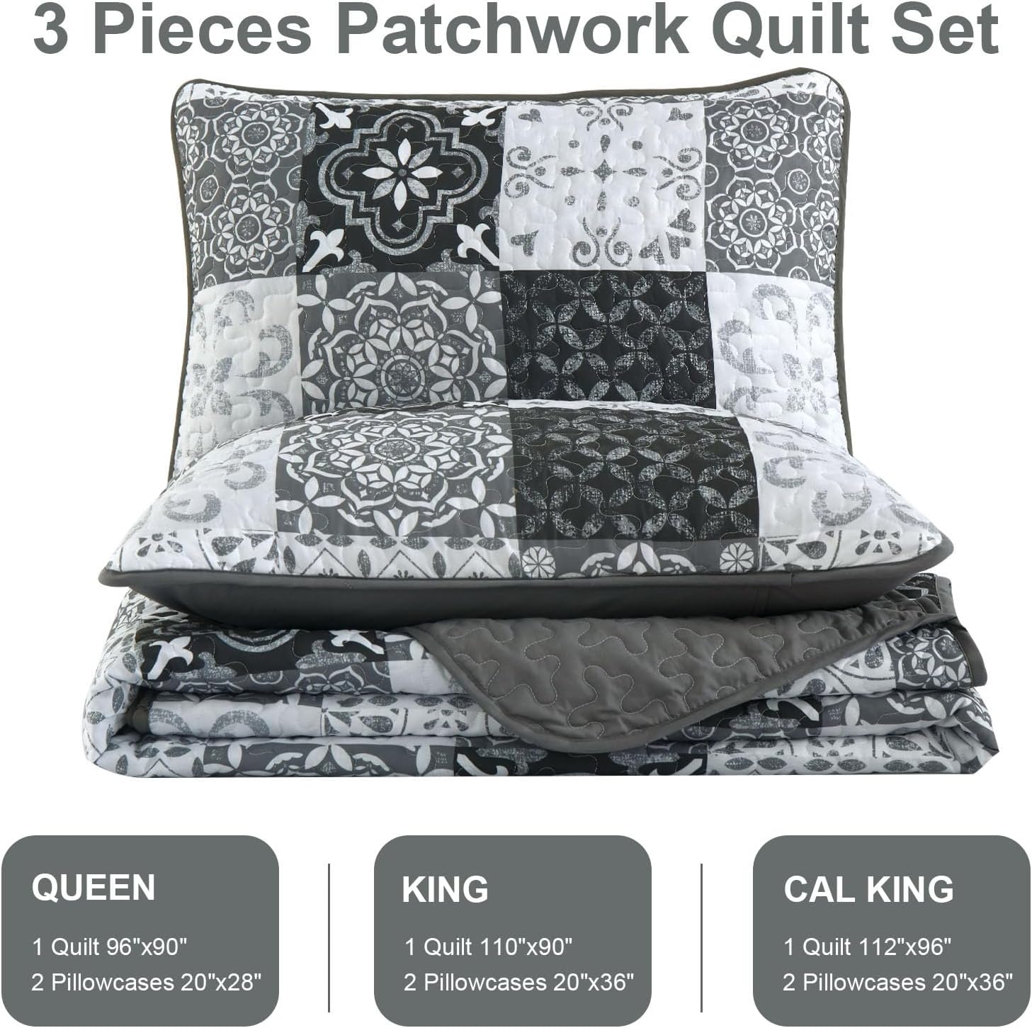 Dobuyly Boho Patchwork Cal King Quilt Set Grey Black 3-Piece Microfiber