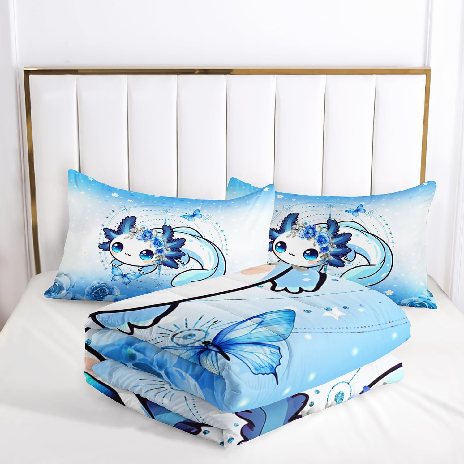 AILONEN Axolotl Comforter Set Queen Size Kawaii Blue Print Bedding