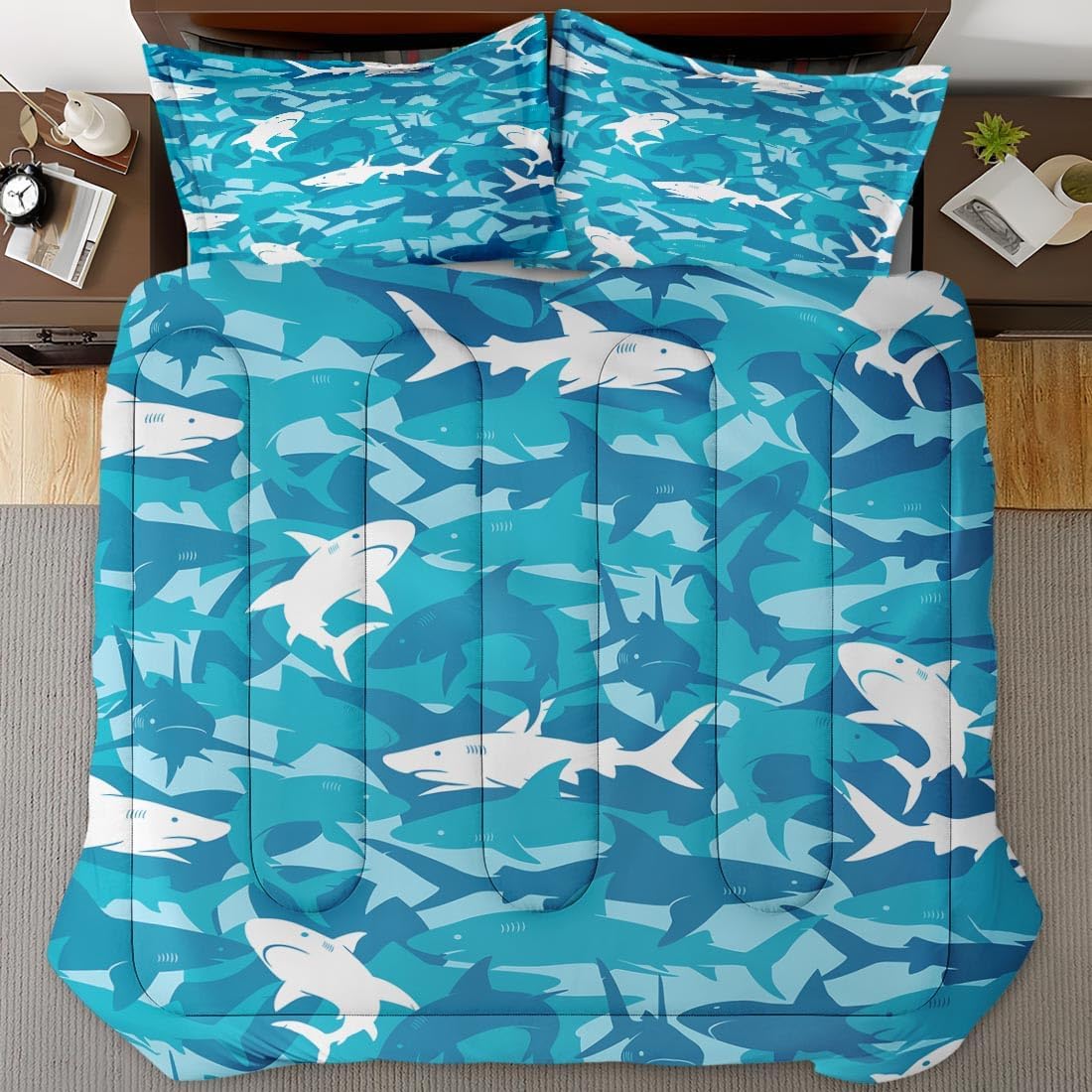 Blue Shark Fish Comforter Set 3 Piece