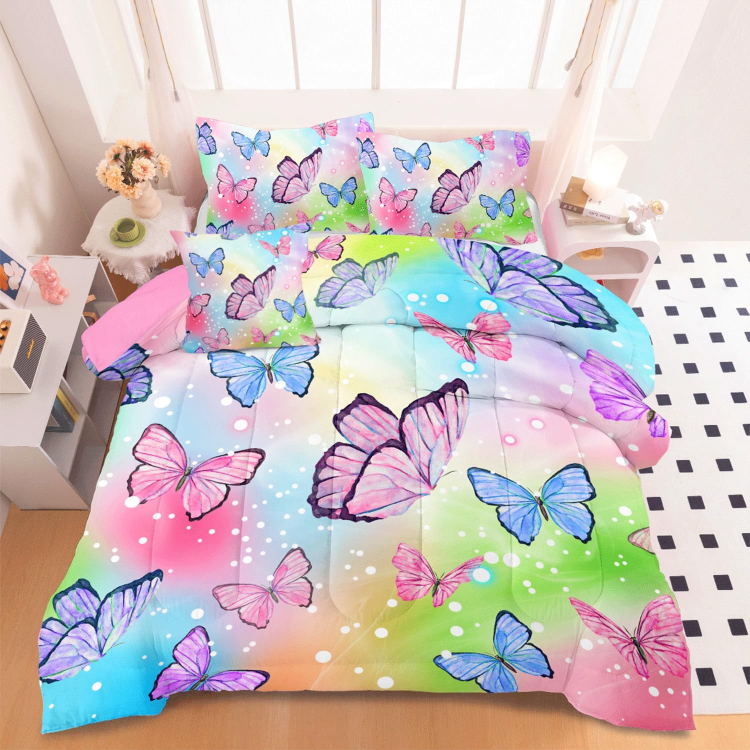 ASKOTU 4 Pcs Rainbow Butterfly Comforter Set for Girls
