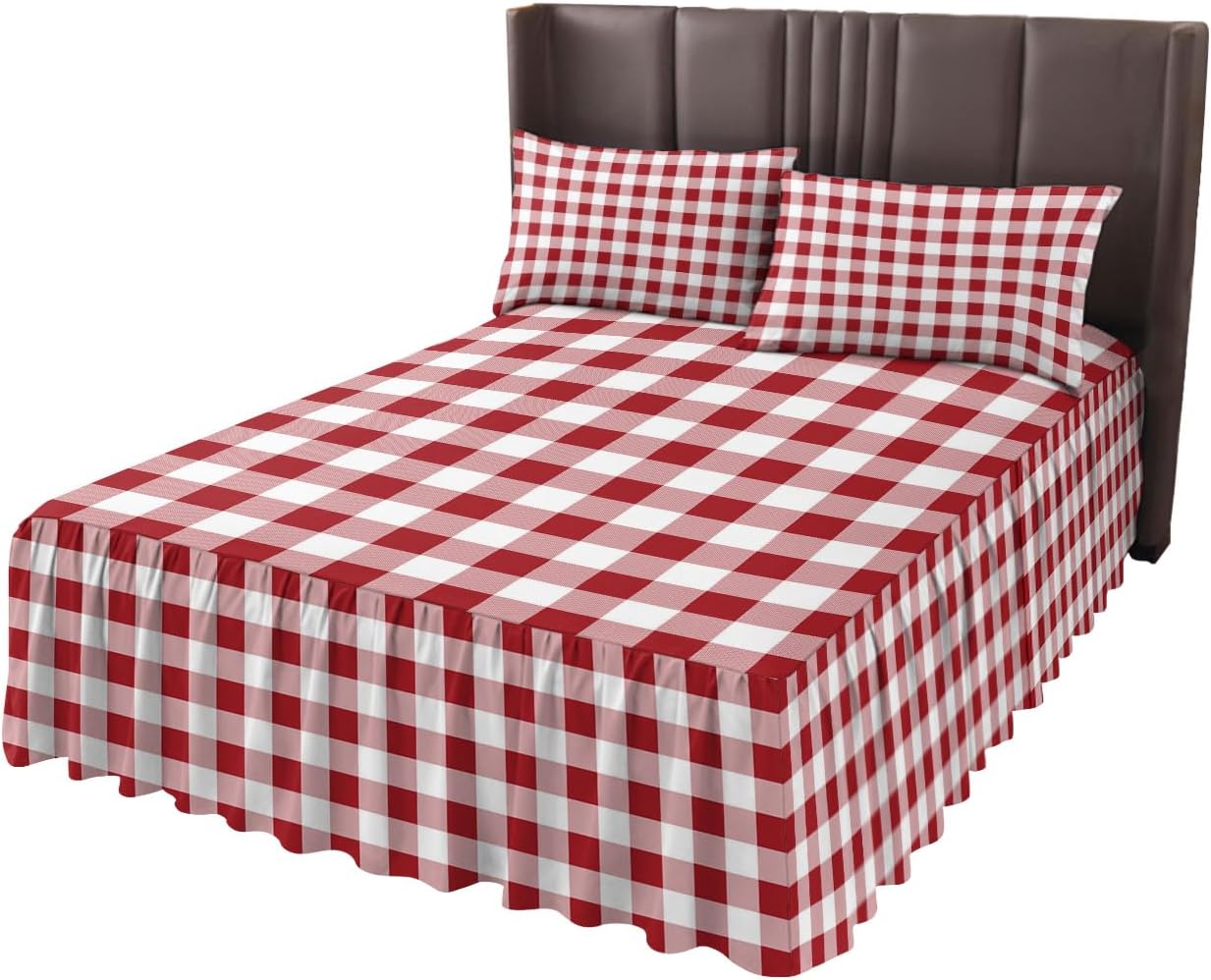 ZFUNCING Rustic Farm Plaid Red White Bed Skirt Set with 2 Pillow Shams