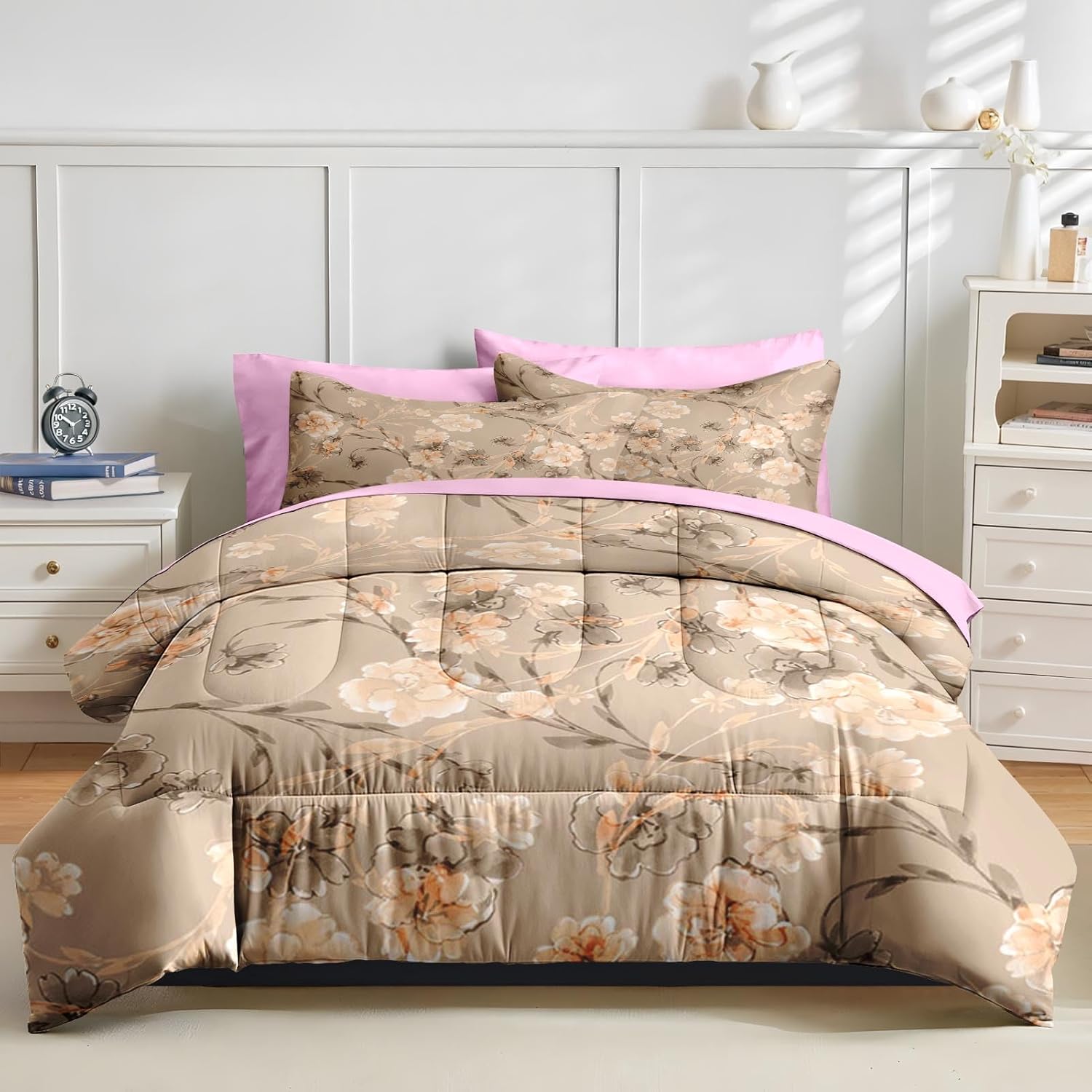 Nesker 7 Pcs Comforter Set King Size Floral Bedding