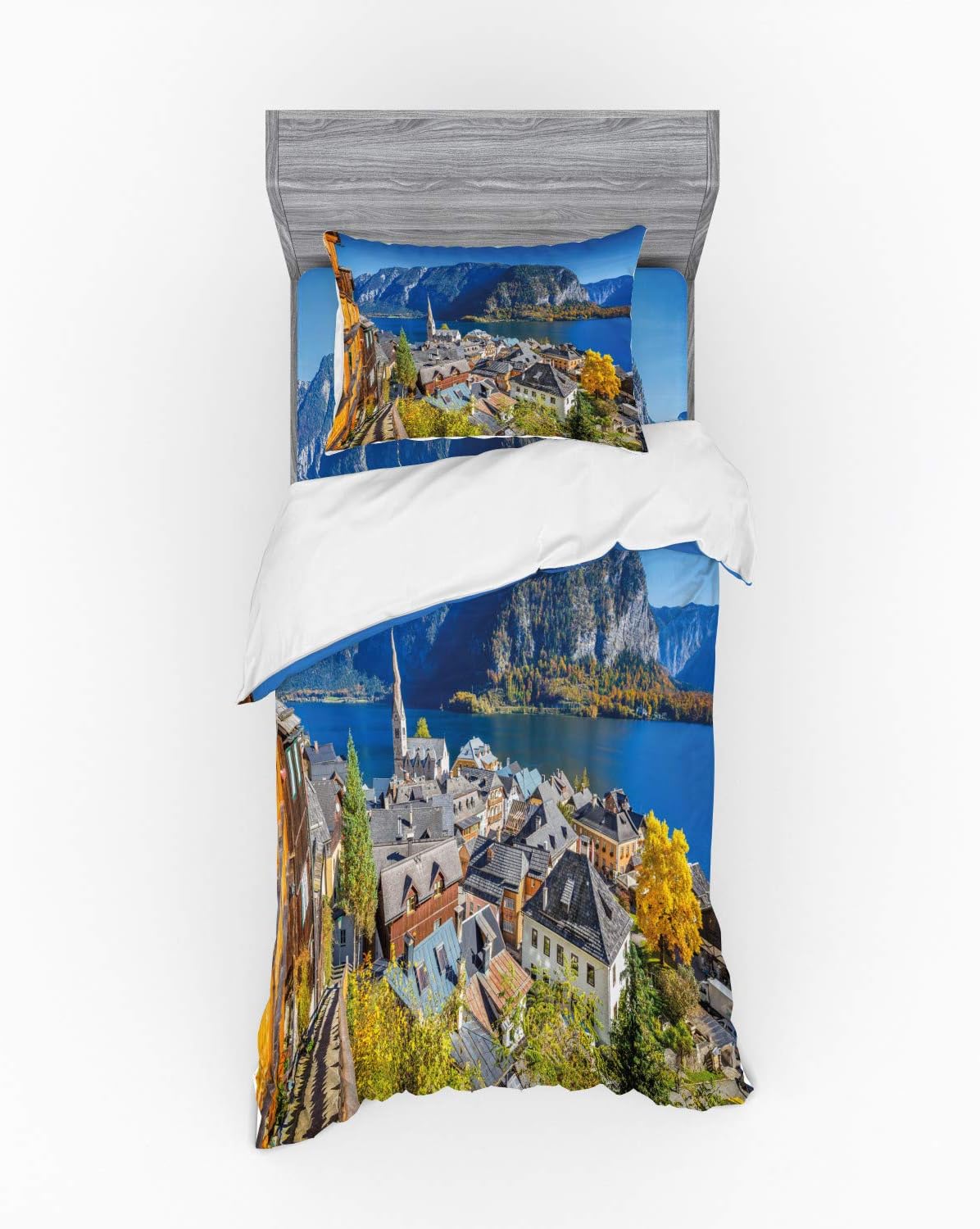 Ambesonne Fall Bedding Set with Hallstatt Landscape Print