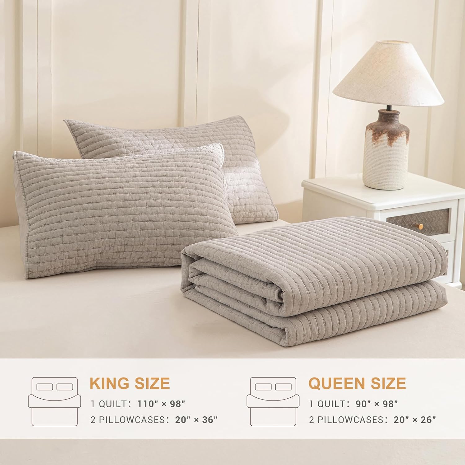 Sanracie King Size Quilt Set 3PCS Linen Crinkle