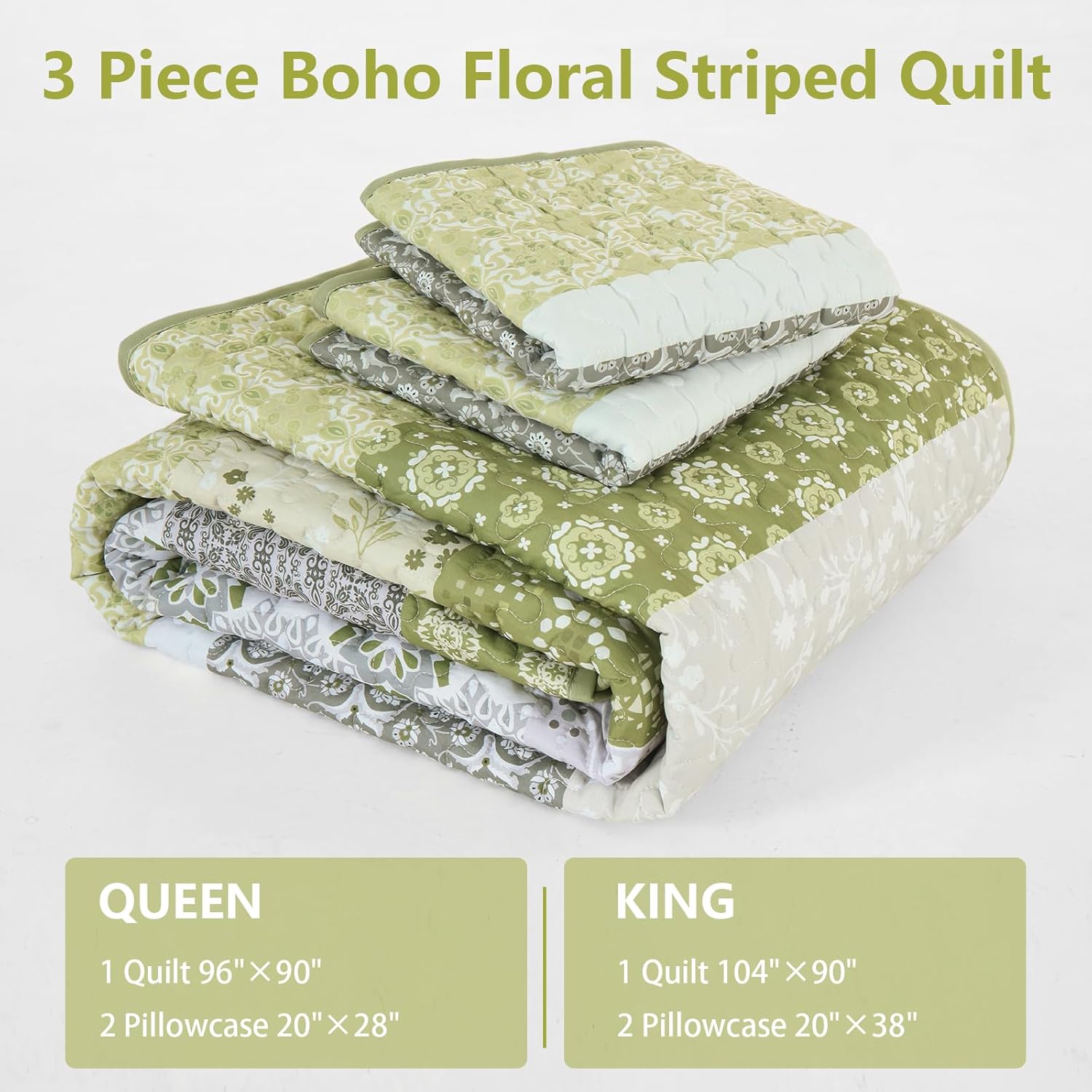 WONGS BEDDING Boho Quilt Set Queen Size Olive Green