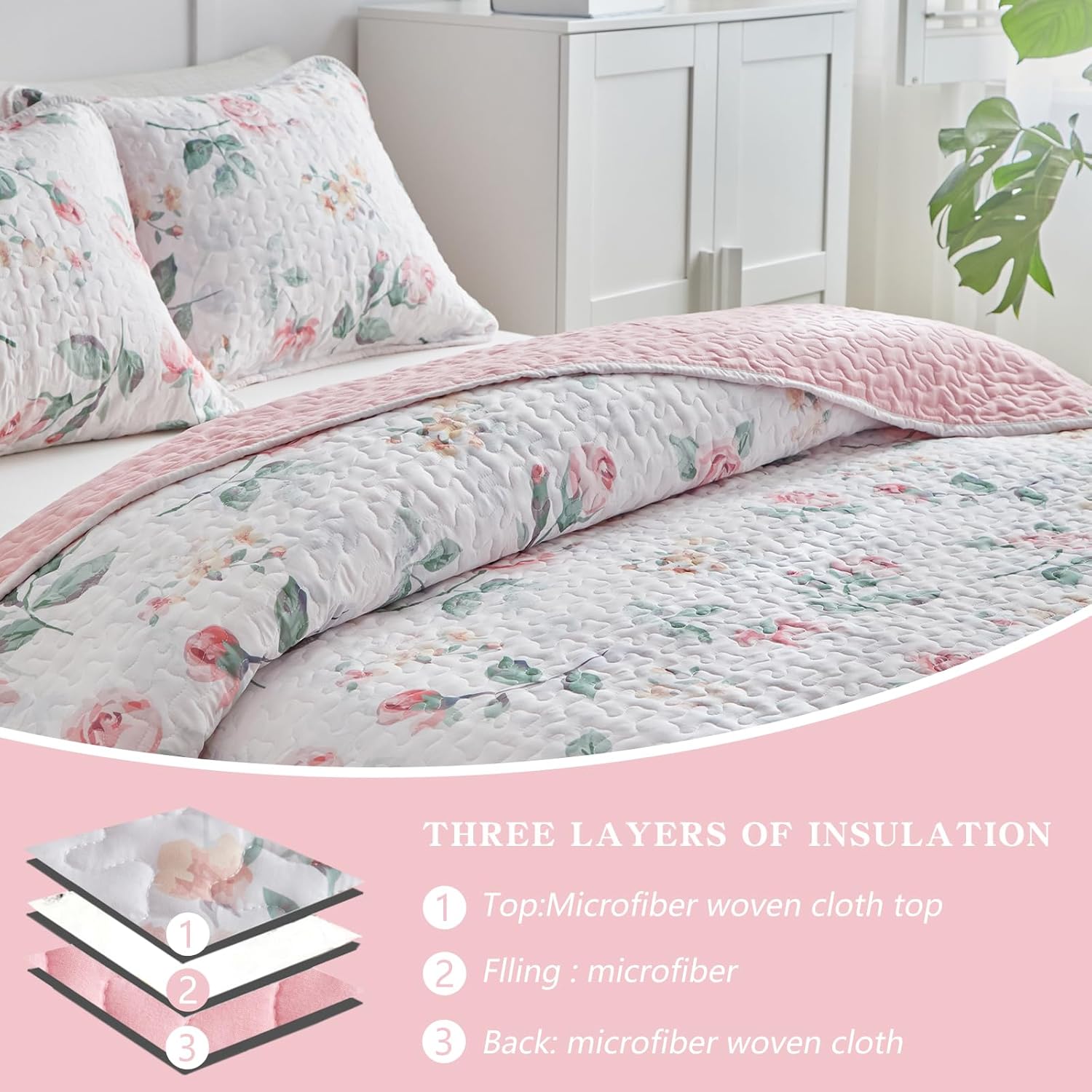 UOZZI Floral Quilt Set Queen Size 88x88 3PC Reversible
