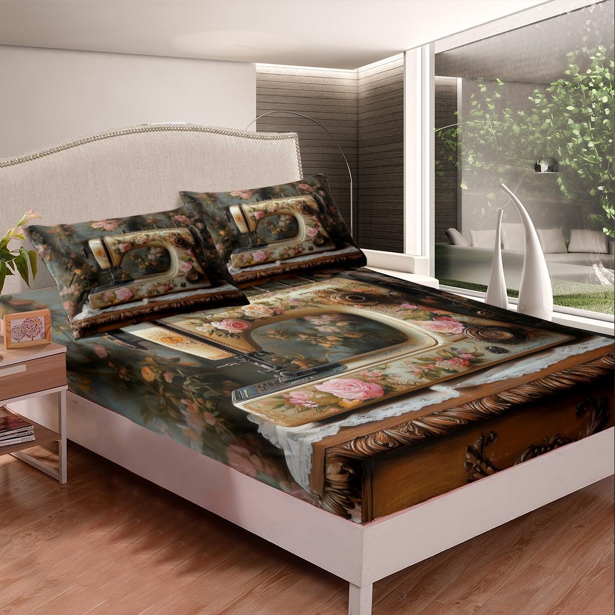 Manfei Retro Roses Fitted Sheet Set Twin Size