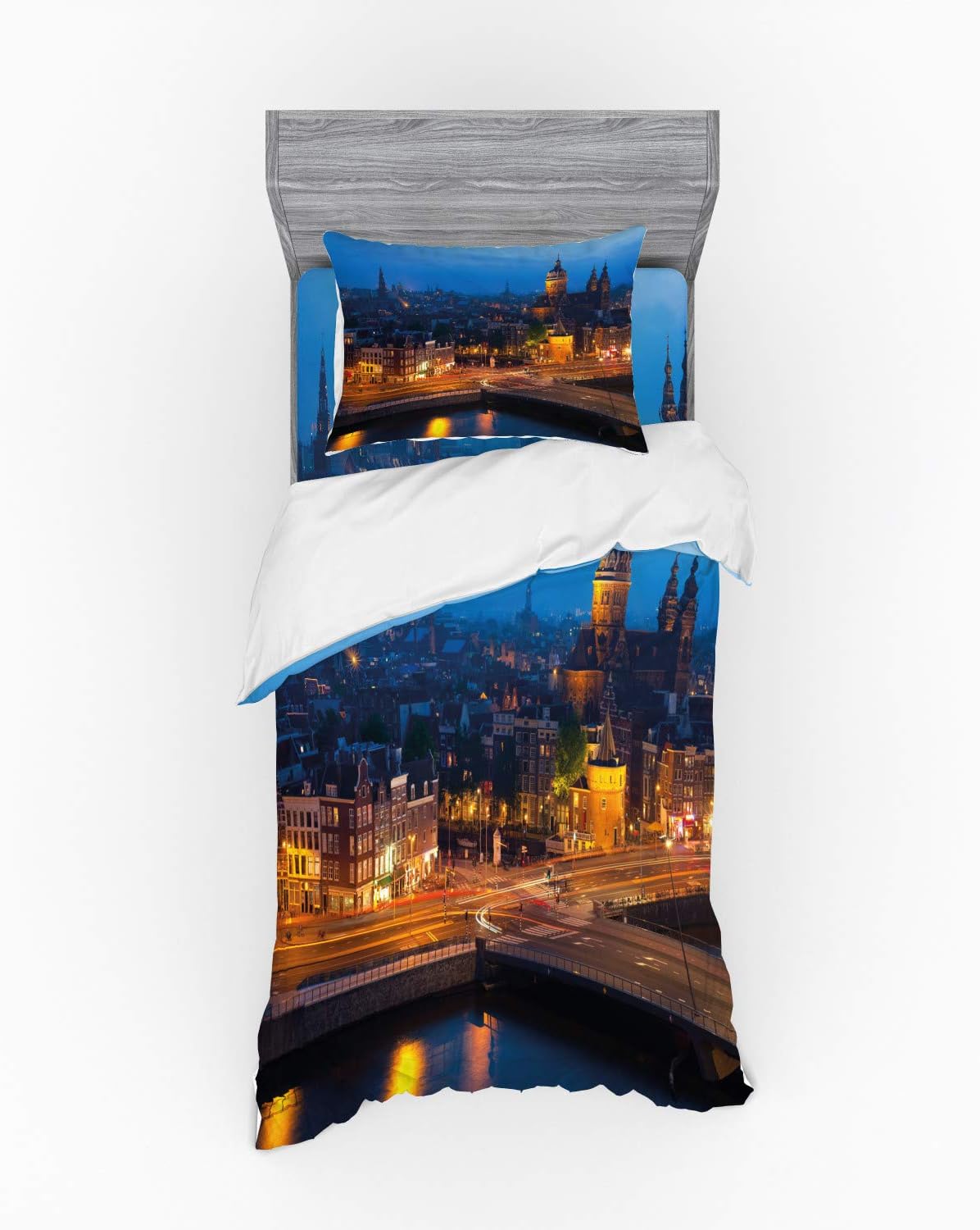 Ambesonne City Duvet Cover Set - Amsterdam Night View Twin XL Blue Marigold Tan