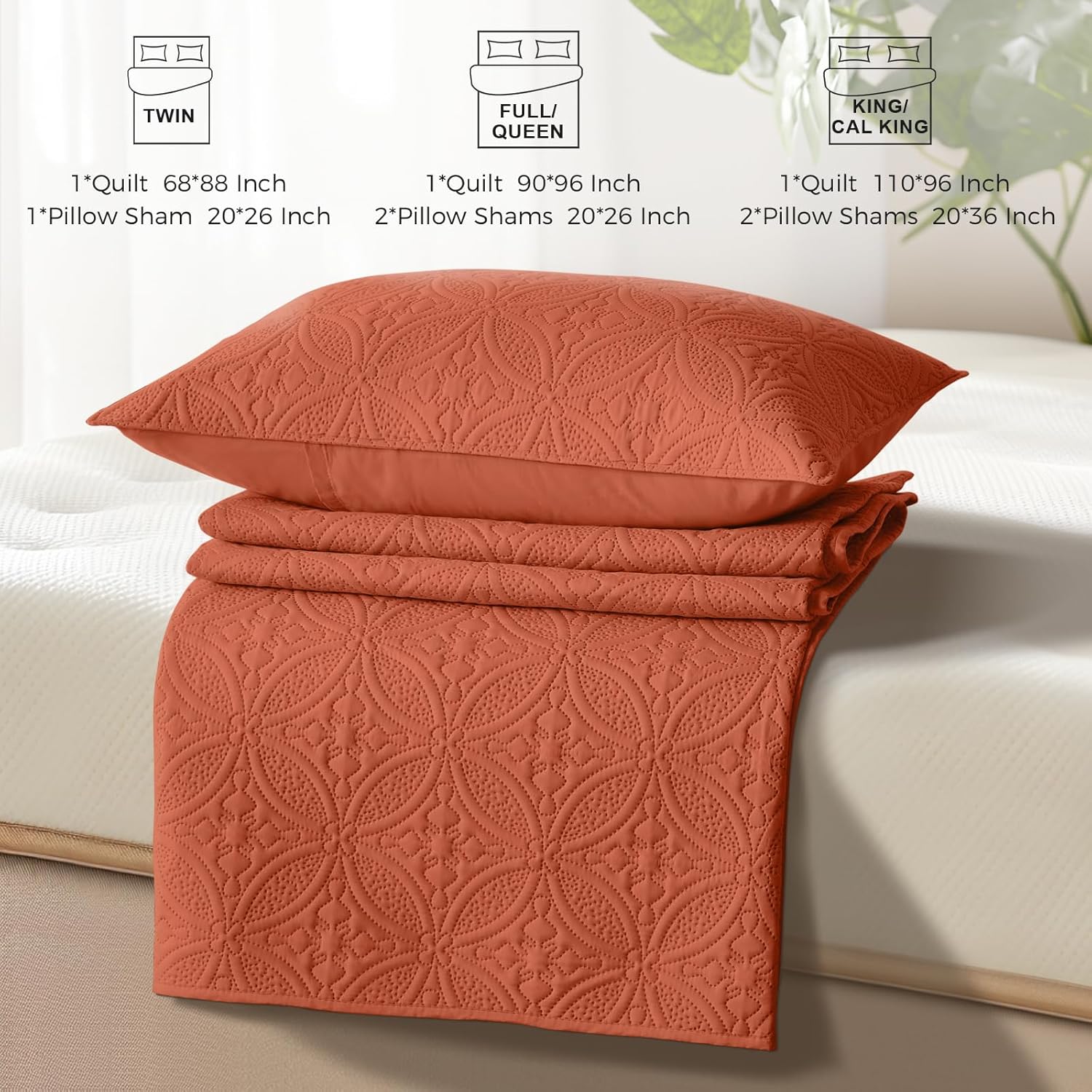 WURUIBO Quilt Set - Burnt Orange Microfiber
