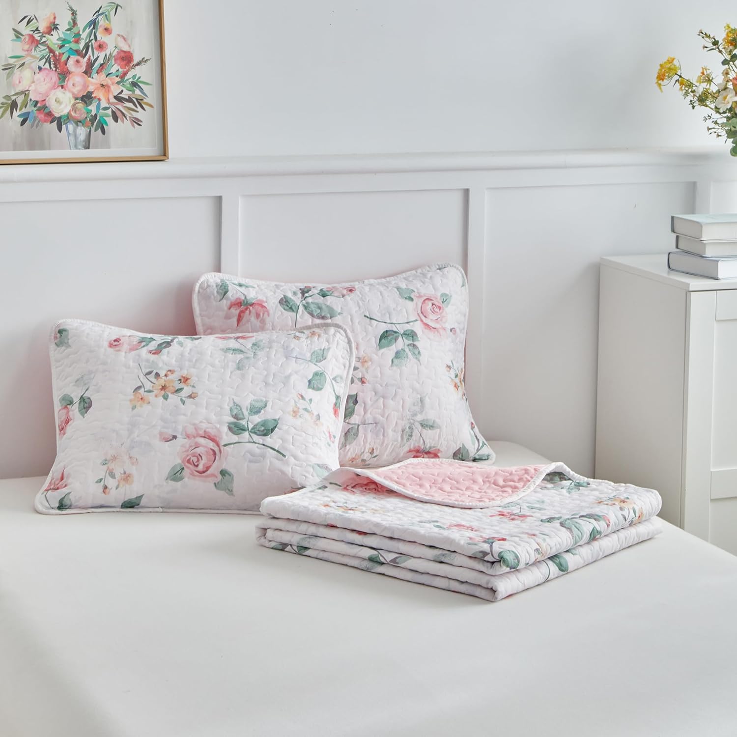 UOZZI Floral Quilt Set Queen Size 88x88 3PC Reversible