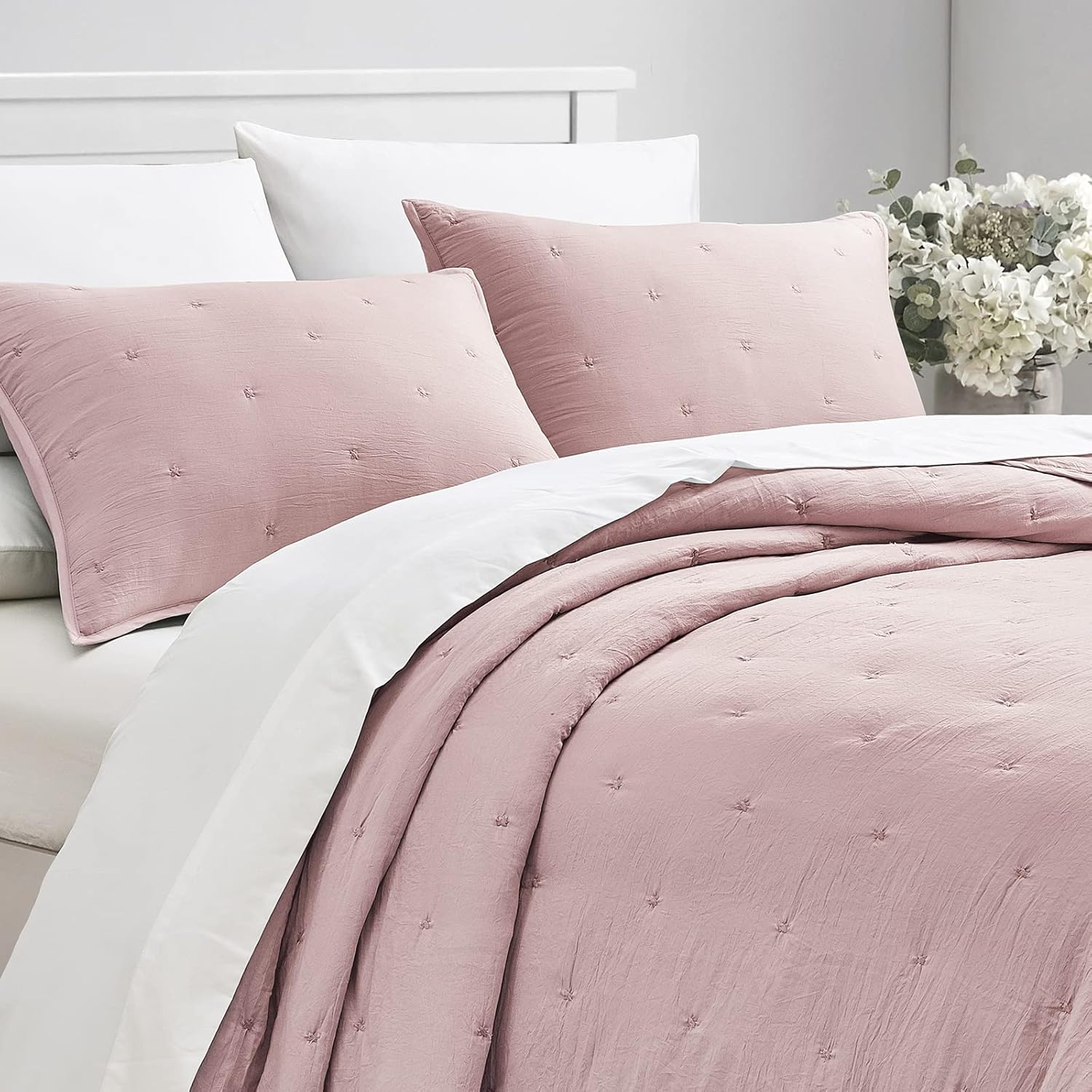 BOURINA Embroidery Quilt Set - 3-Piece Star Design Flesh Pink