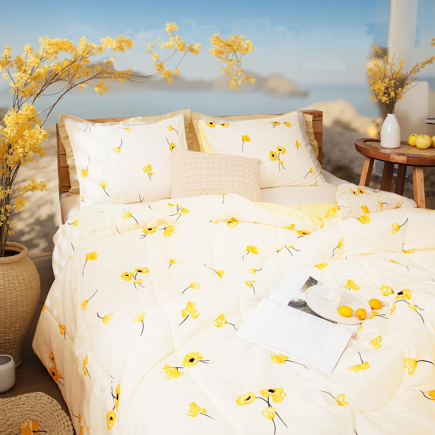 Bedorm Yellow Floral Comforter Set Twin Size