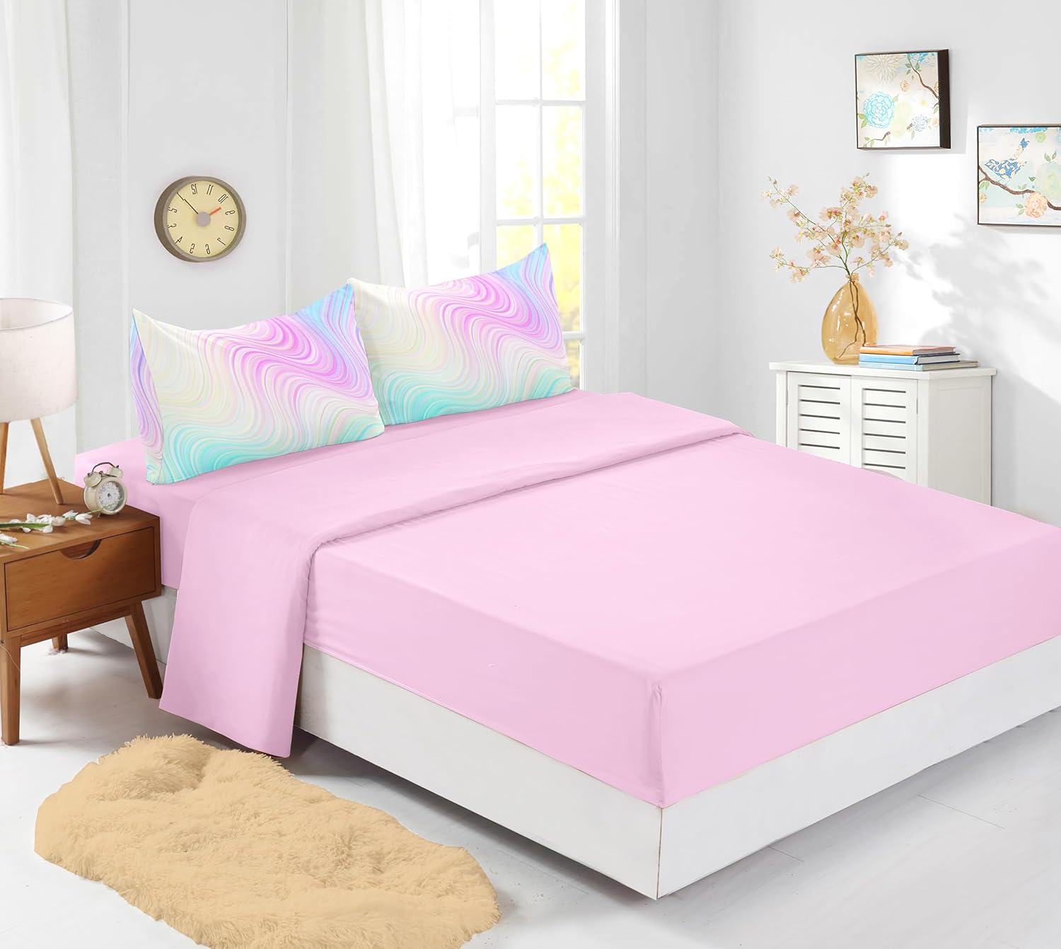 Helloosuu 7PCS Queen Girls Pink Comforter Set