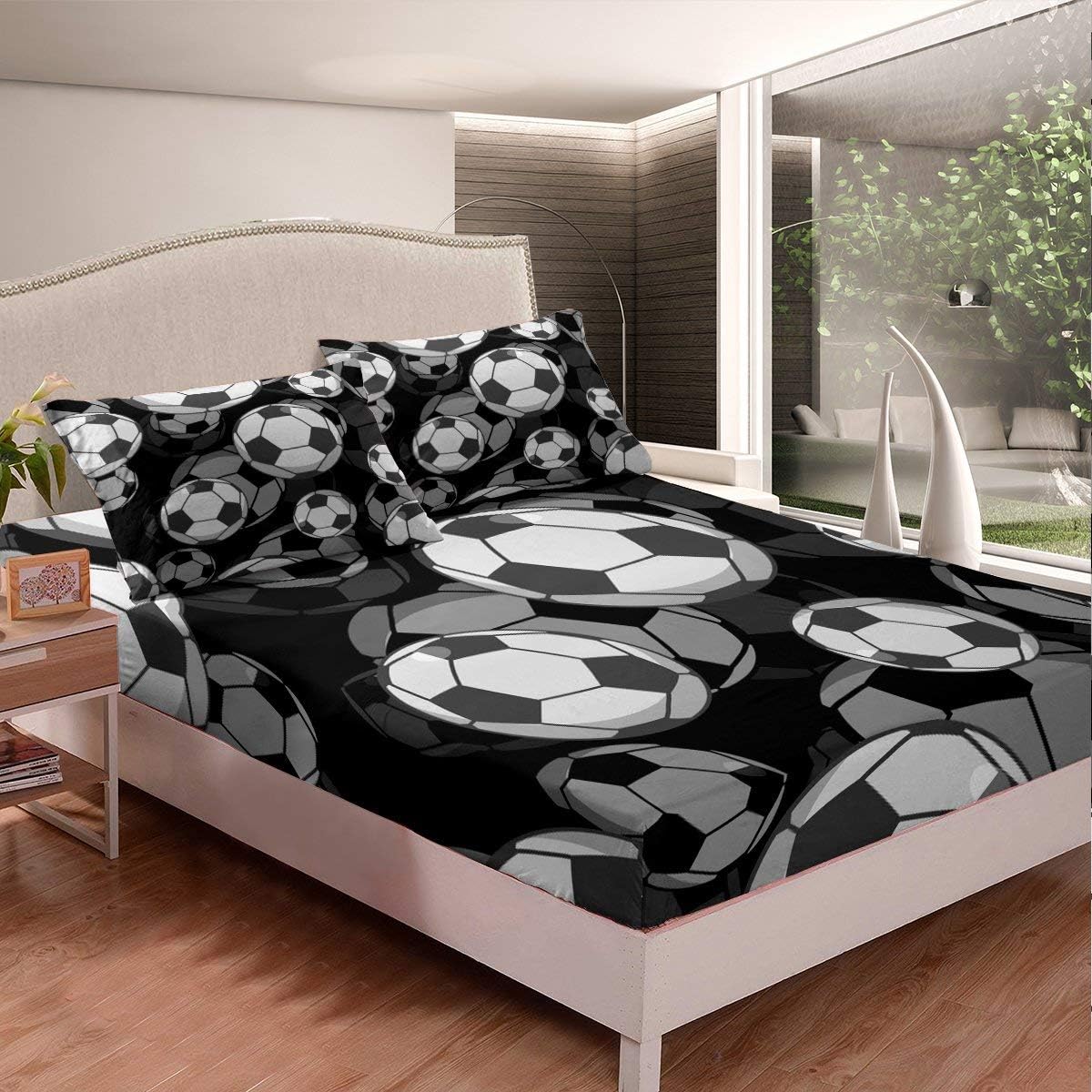 Erosebridal Kids Soccer Sheet Set with Pillowcase Twin Size Black White
