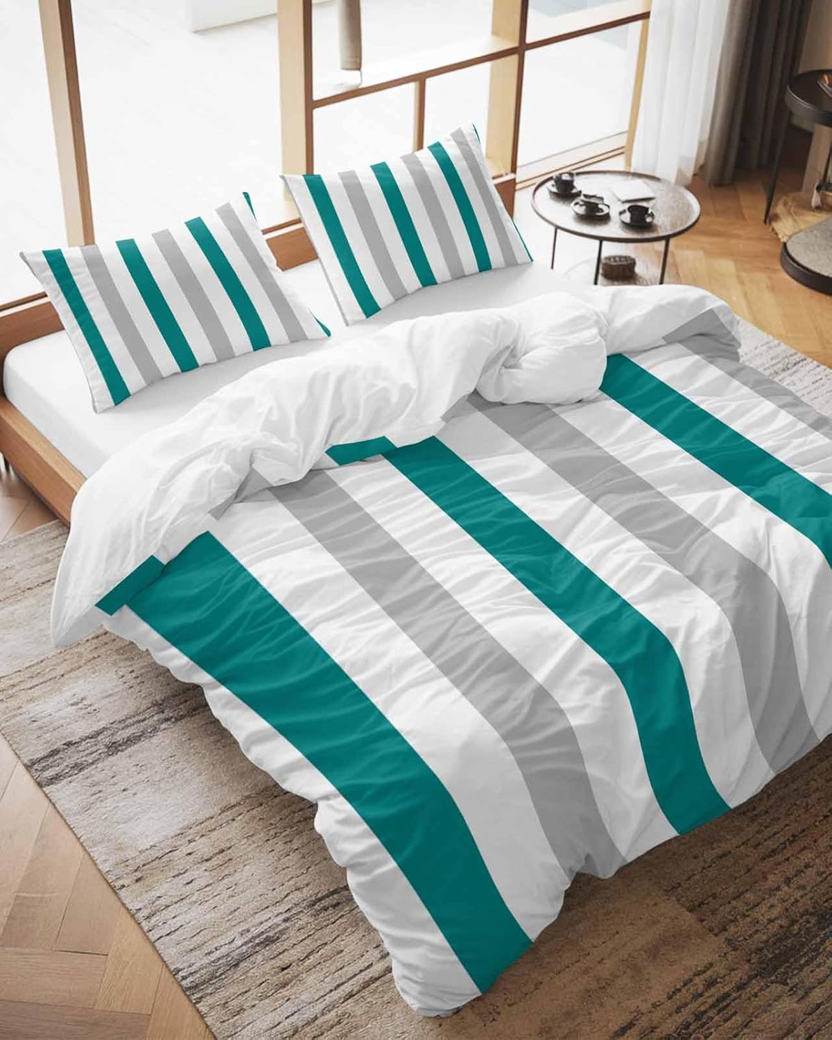 ZOE GARDEN Teal Grey Striped Duvet Cover Queen Set