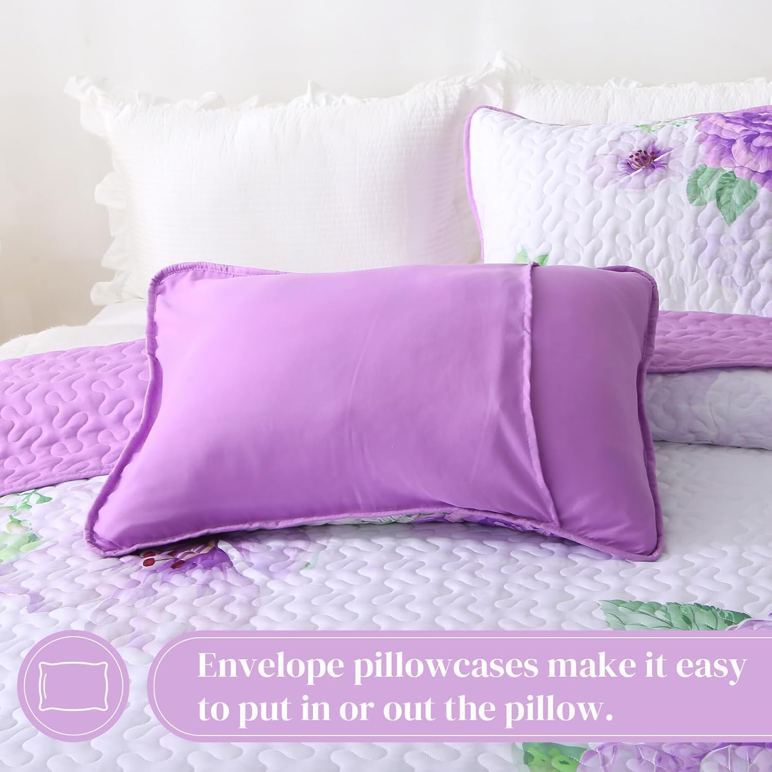 Heymybed Purple Floral Quilt Set King Size 3 Pieces