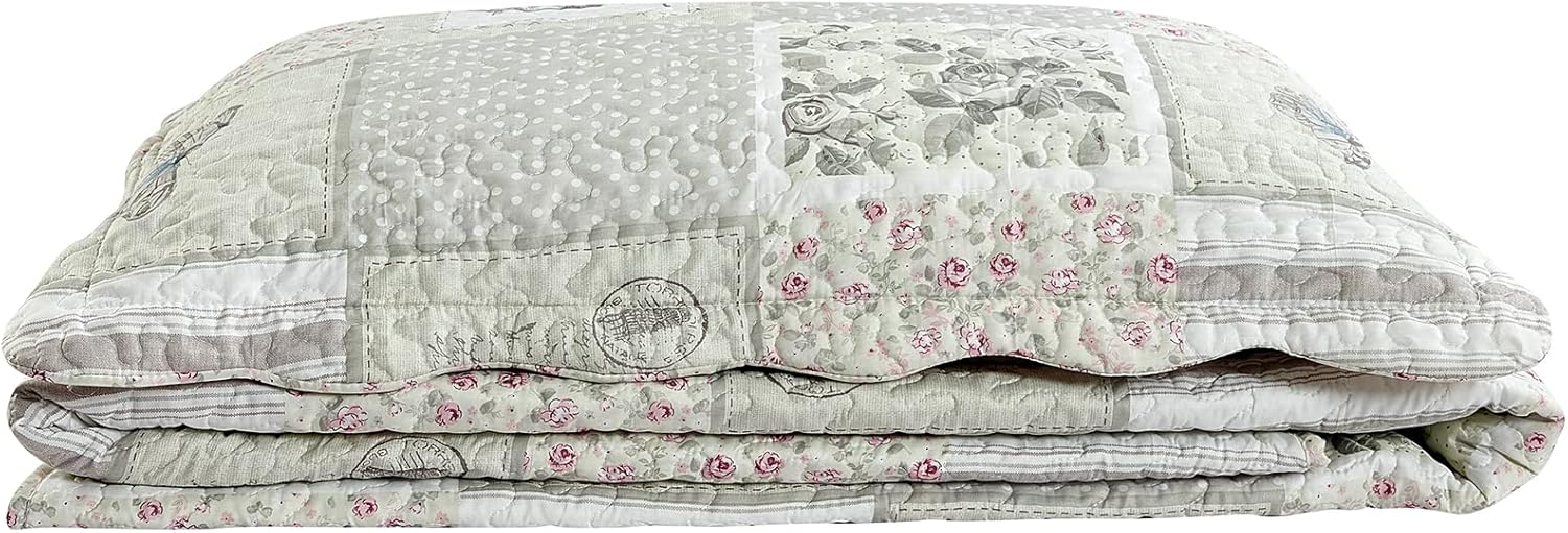 Brilliant Sunshine Grey Cupid and Pink Rose Quilt Set