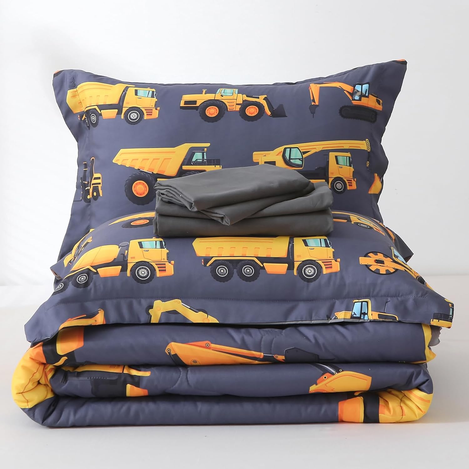 Wajade 7 Piece Construction Truck Kids Comforter Set Twin Size