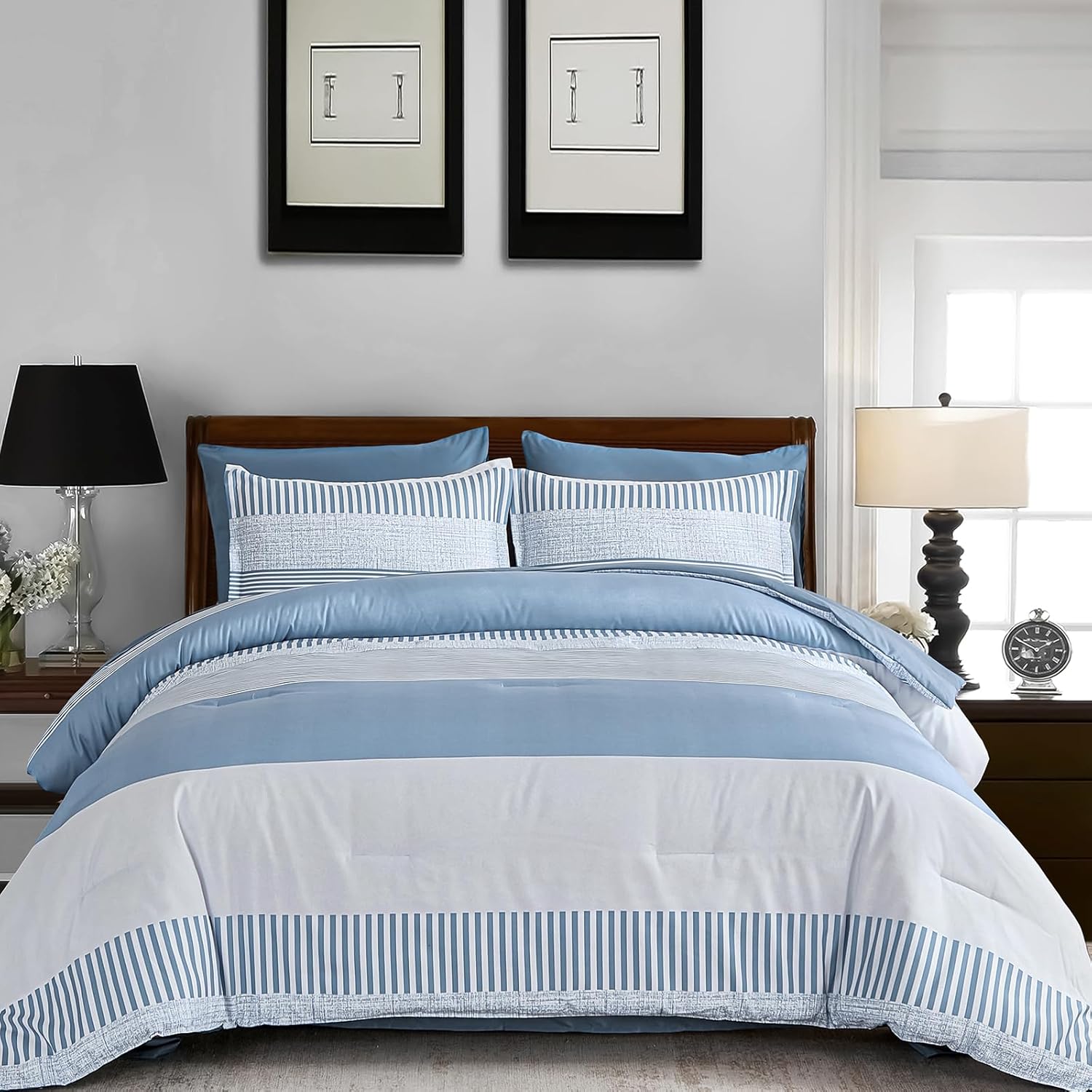 Blue Comforter Set Queen Size Boho Striped Kids Bedding