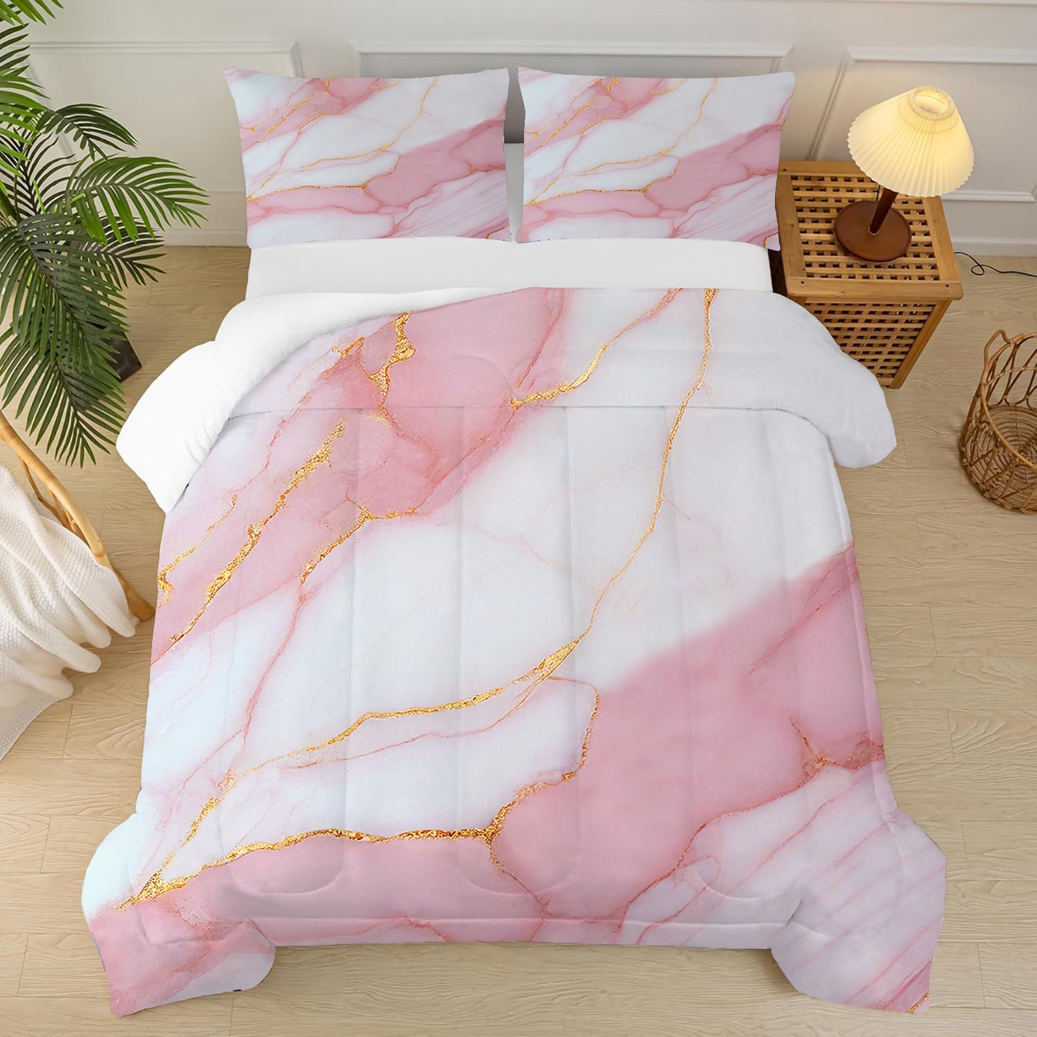 Marble Comforter Set King Size Pale Pink Chic Gold
