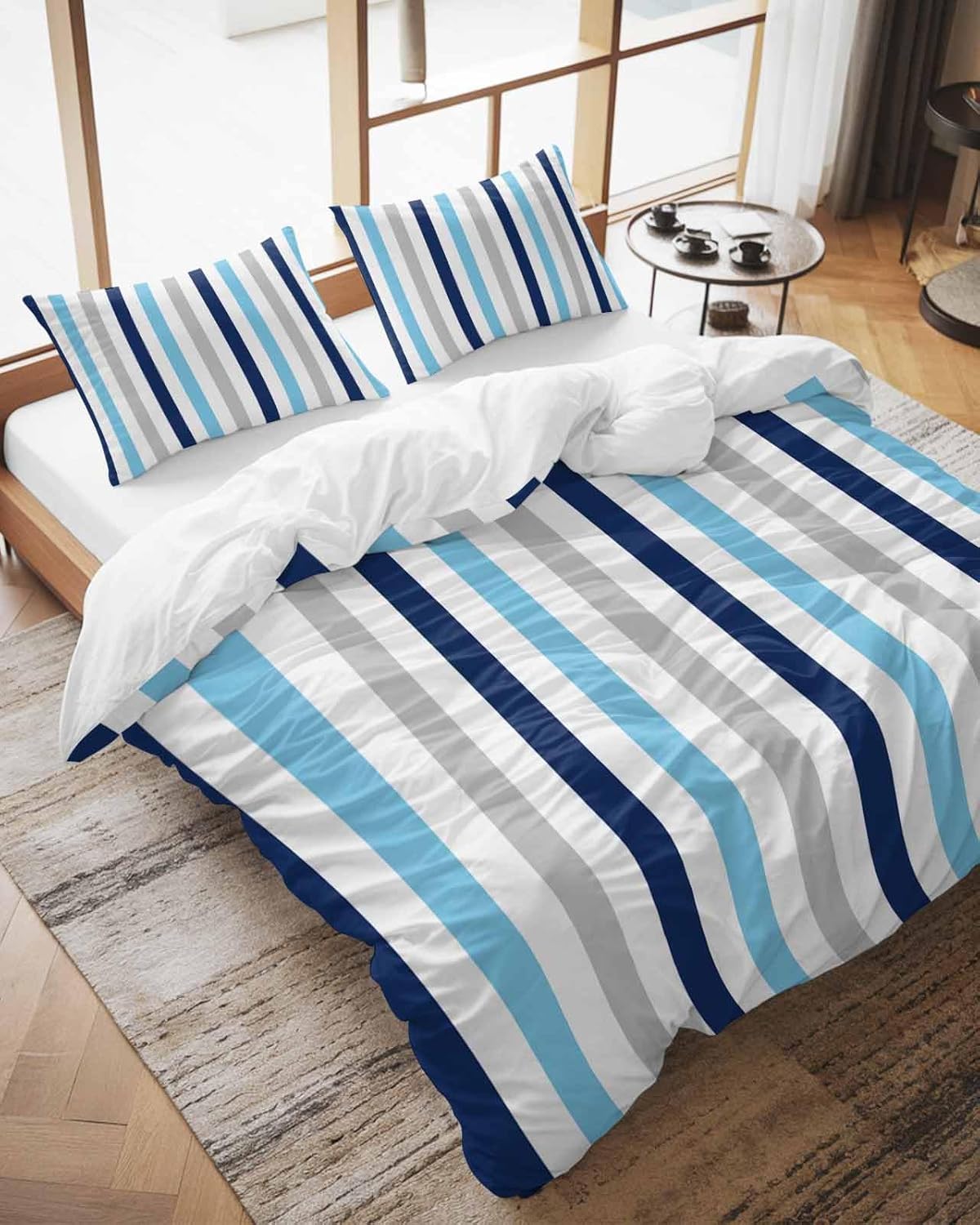 ZOE GARDEN Navy Blue Stripe Queen Duvet Cover Set 3 pcs