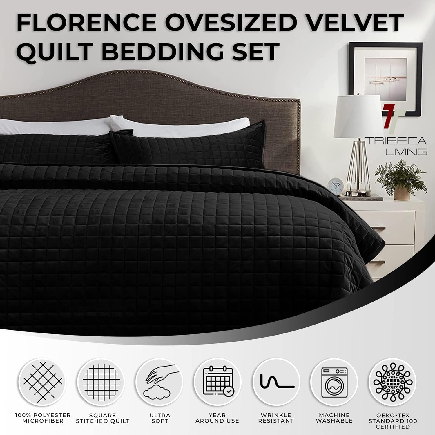Tribeca Living Velvet Quilt Set Queen Black