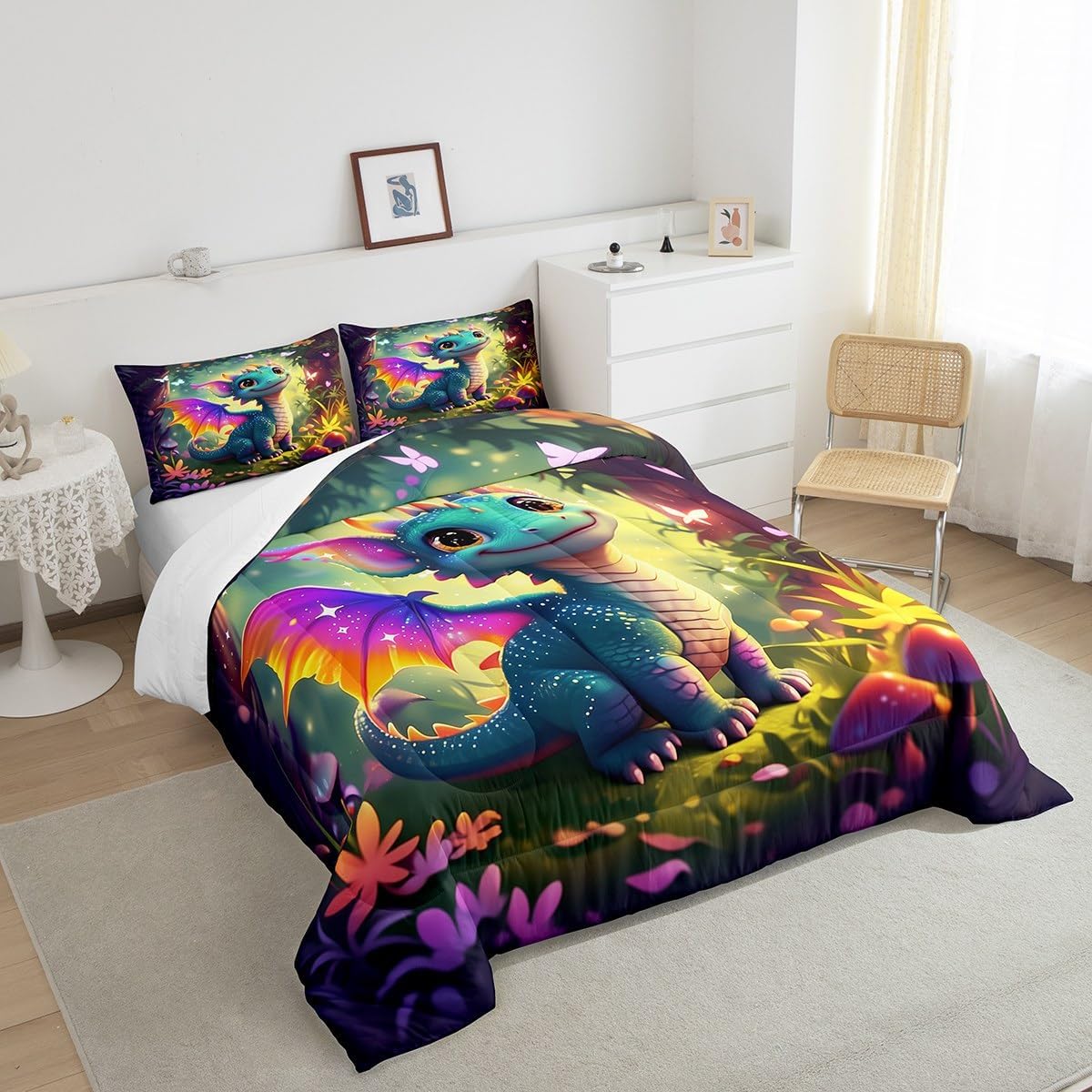 Castle Fairy Cute Dragon Comforter Set Twin Size Fantasy Bedding