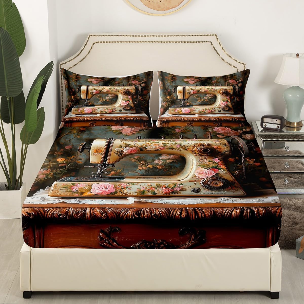 Manfei Retro Roses Fitted Sheet Set Twin Size