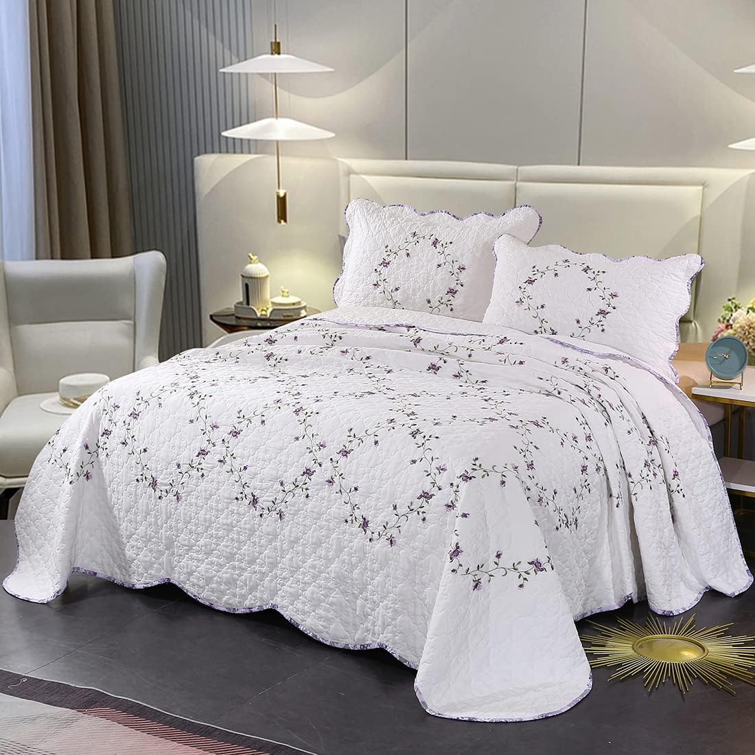Vctops 3-Piece Floral Embroidered Quilt Set Twin