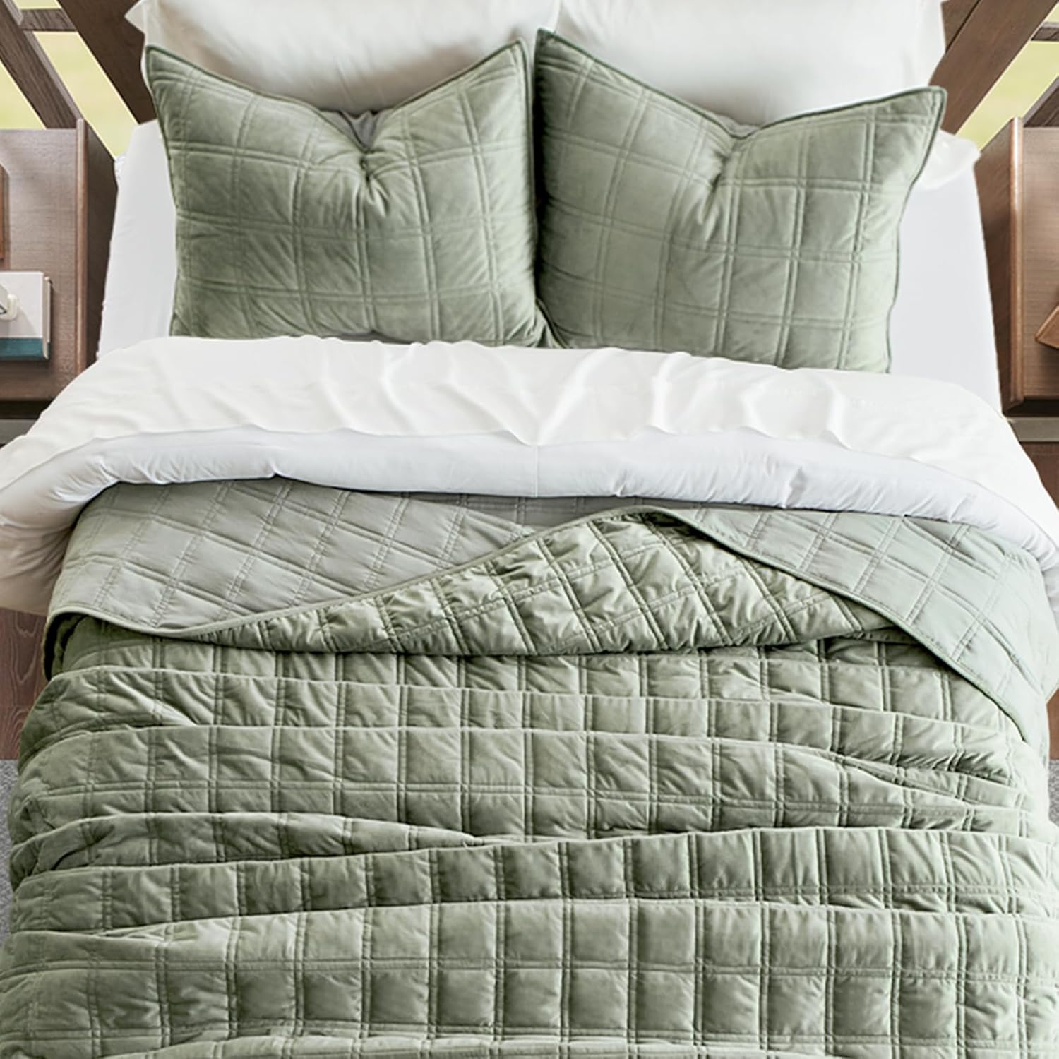 EVERGRACE Velvet Quilt Set 3 Pieces King Size Sage Green