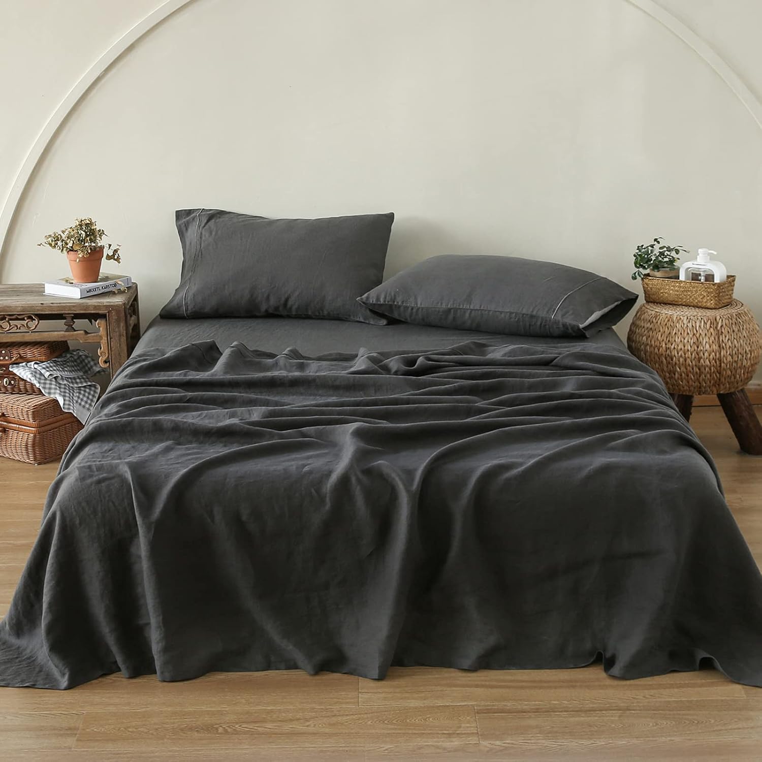 SimpleOpulence Queen Linen Sheet Set with Embroidery 4 pcs - Dark Grey
