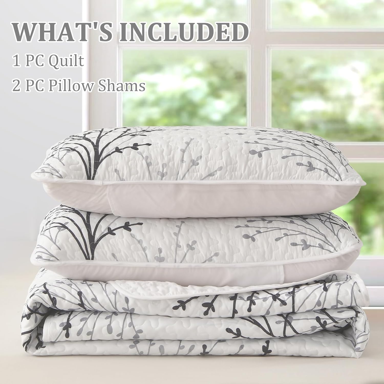 DJY White Botanical Quilt Set Queen Size 3 Piece