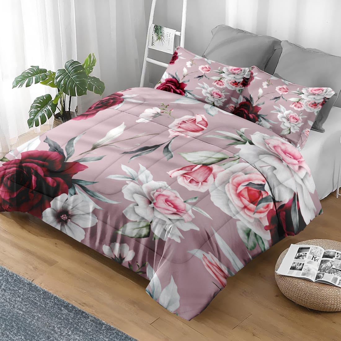 Pamnest Comforter Set King Size with Rose Flower Leaves 1