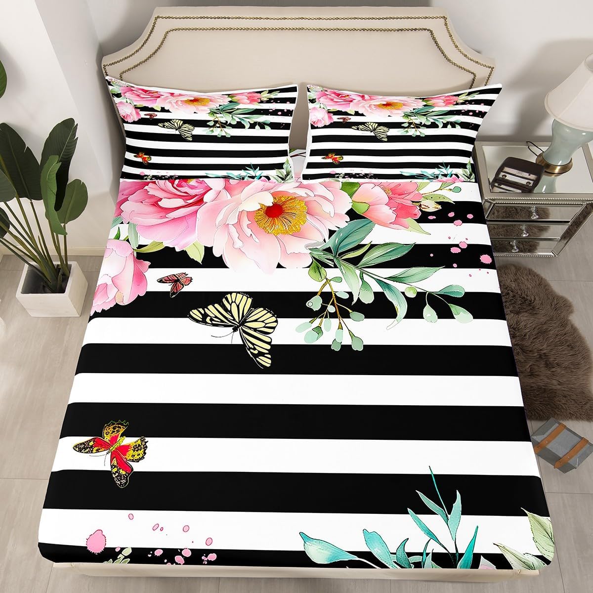 Erosebridal Pink Floral Sheet Set with 2 Pillowcases King Size