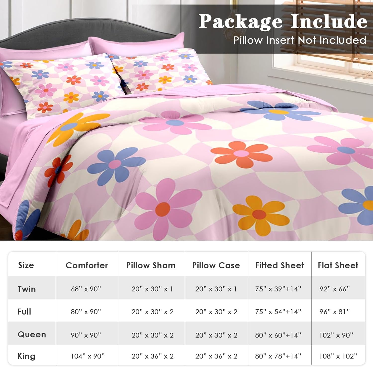 Pamnest Retro Daisy Pink Queen Comforter Set 7 Pcs