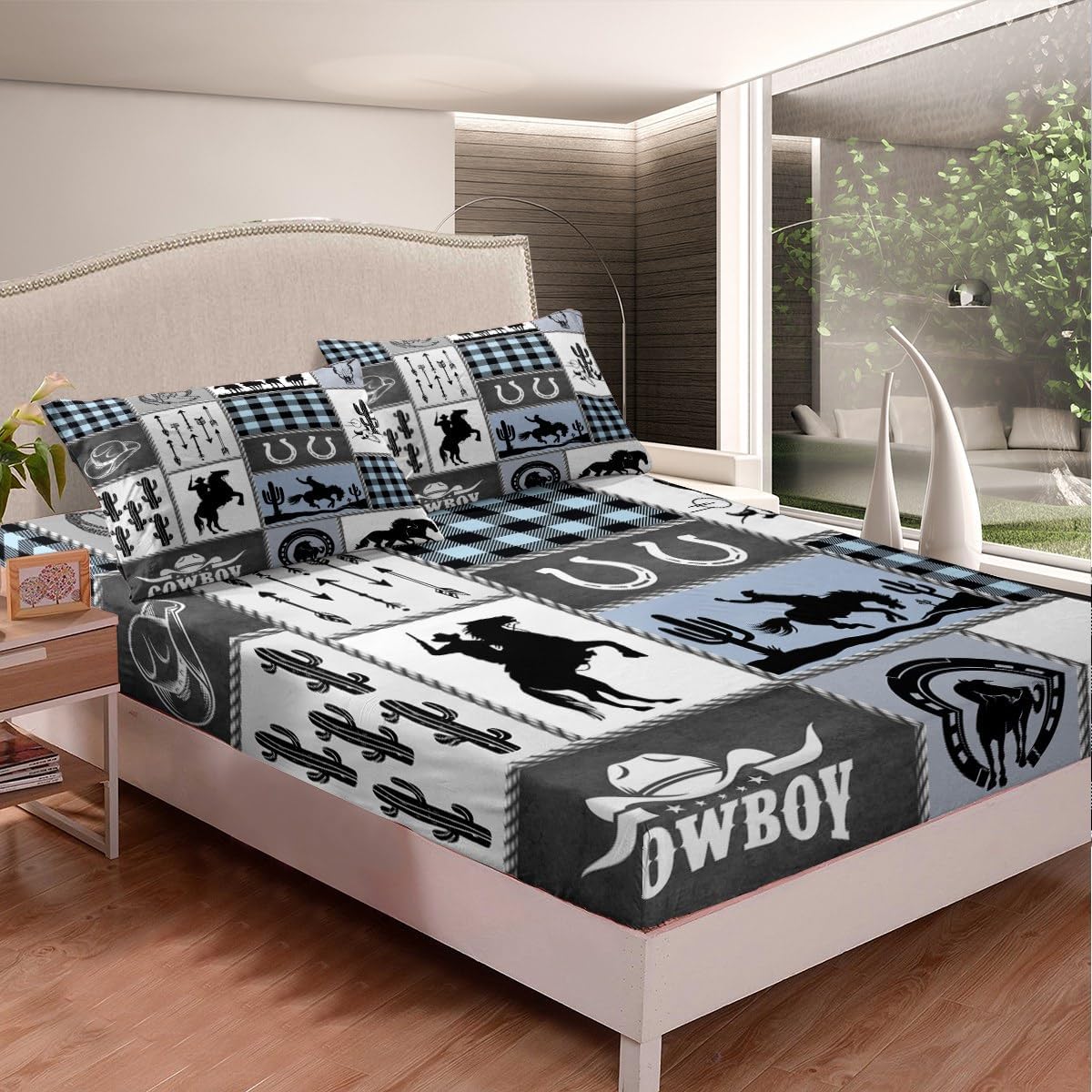 Manfei King Size Microfiber Sheet Set with Horseshoes Cactus Pattern
