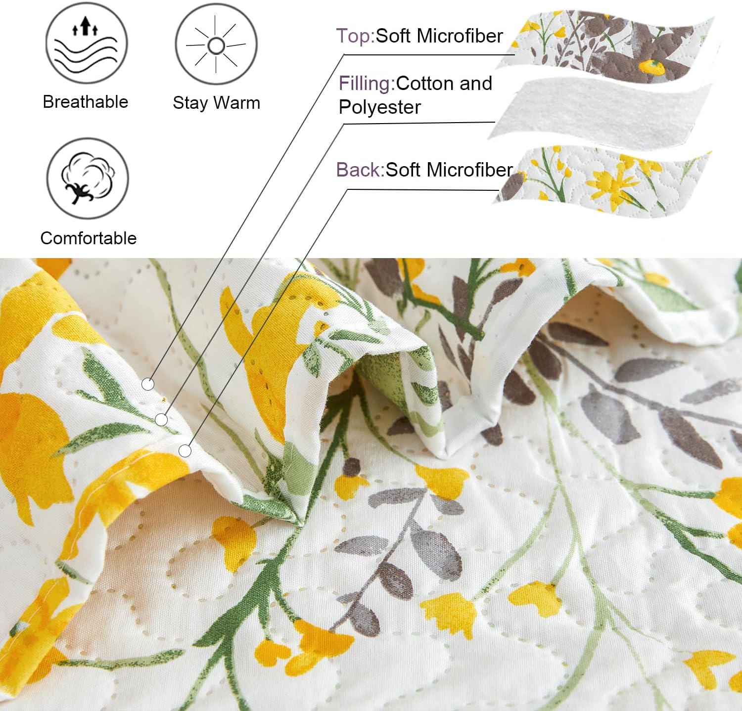 Ycosy King Size Floral Quilt Set Reversible