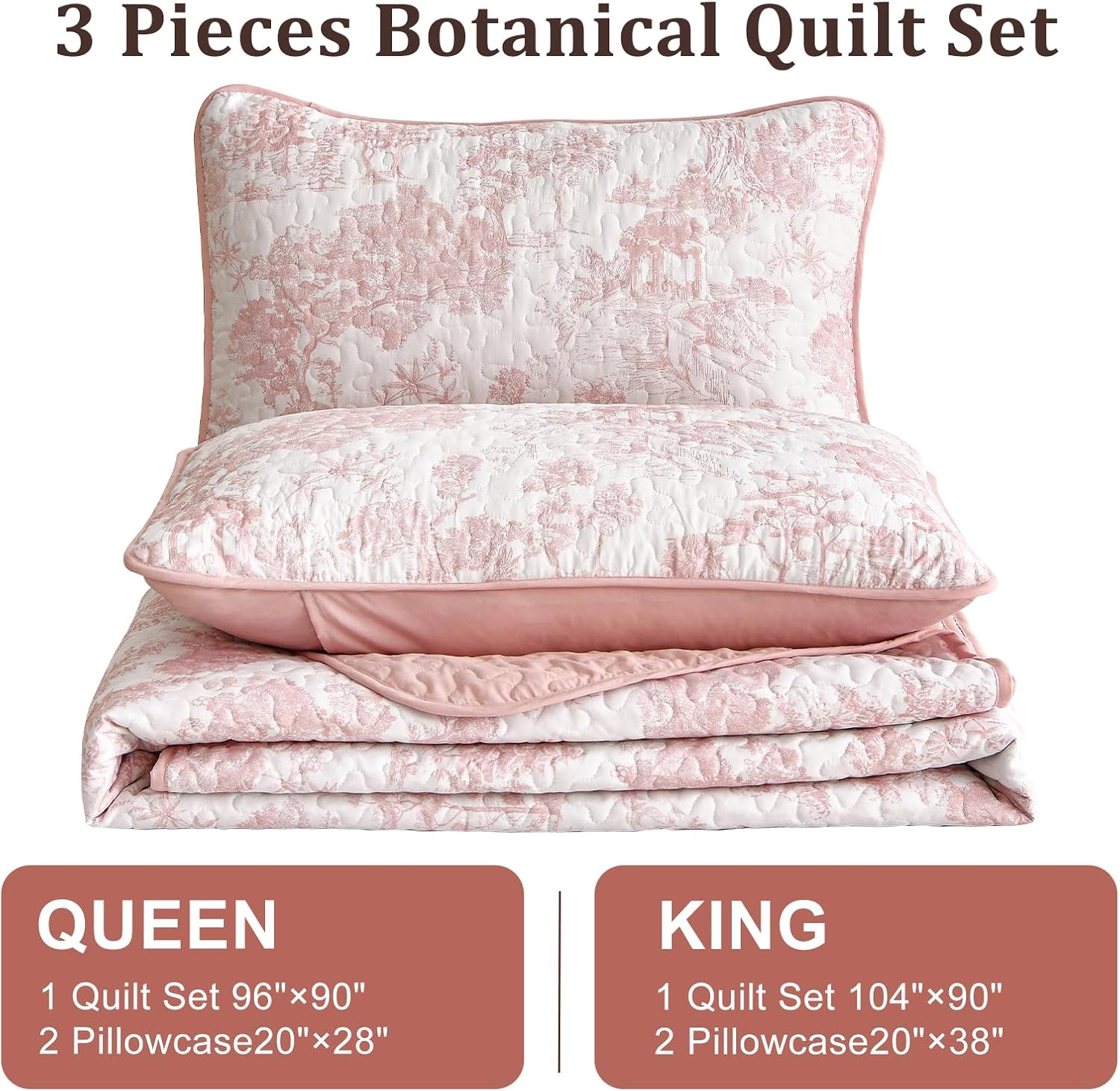 WONGS BEDDING Queen Size Quilt Set 3 Pieces Pink Floral