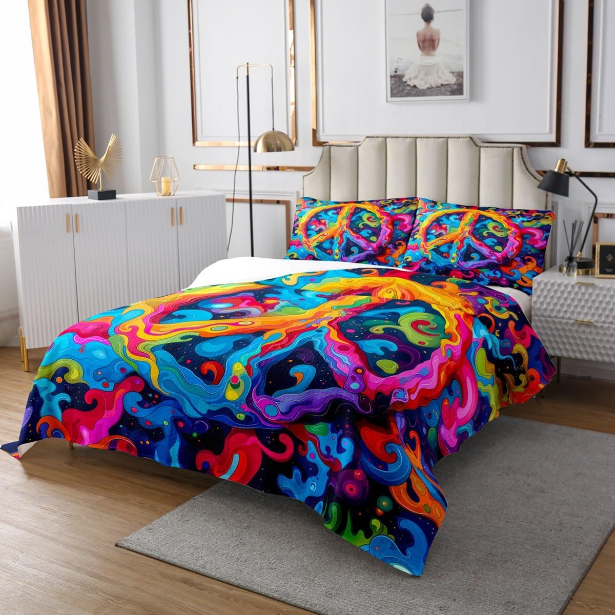 Erosebridal Tie Dye Bedspread Set Peace Sign 3D Bohemian Queen