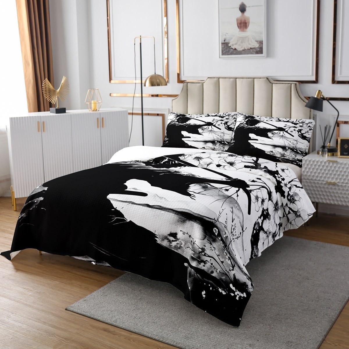 Erosebridal Samurai Quilt Set Queen Size Black and White Bedding Set