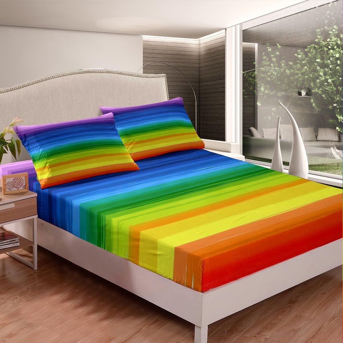 Feelyou Gradient Rainbow Stripes Bed Sheet Set 4Pcs King Size