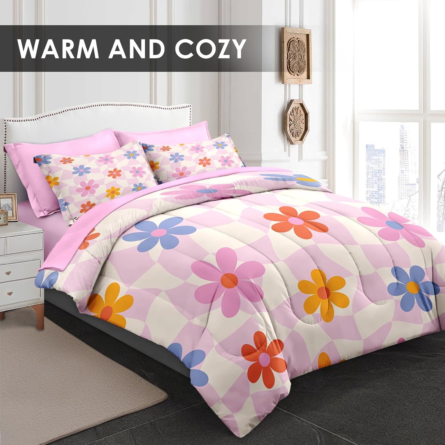 Pamnest Retro Daisy Pink Queen Comforter Set 7 Pcs