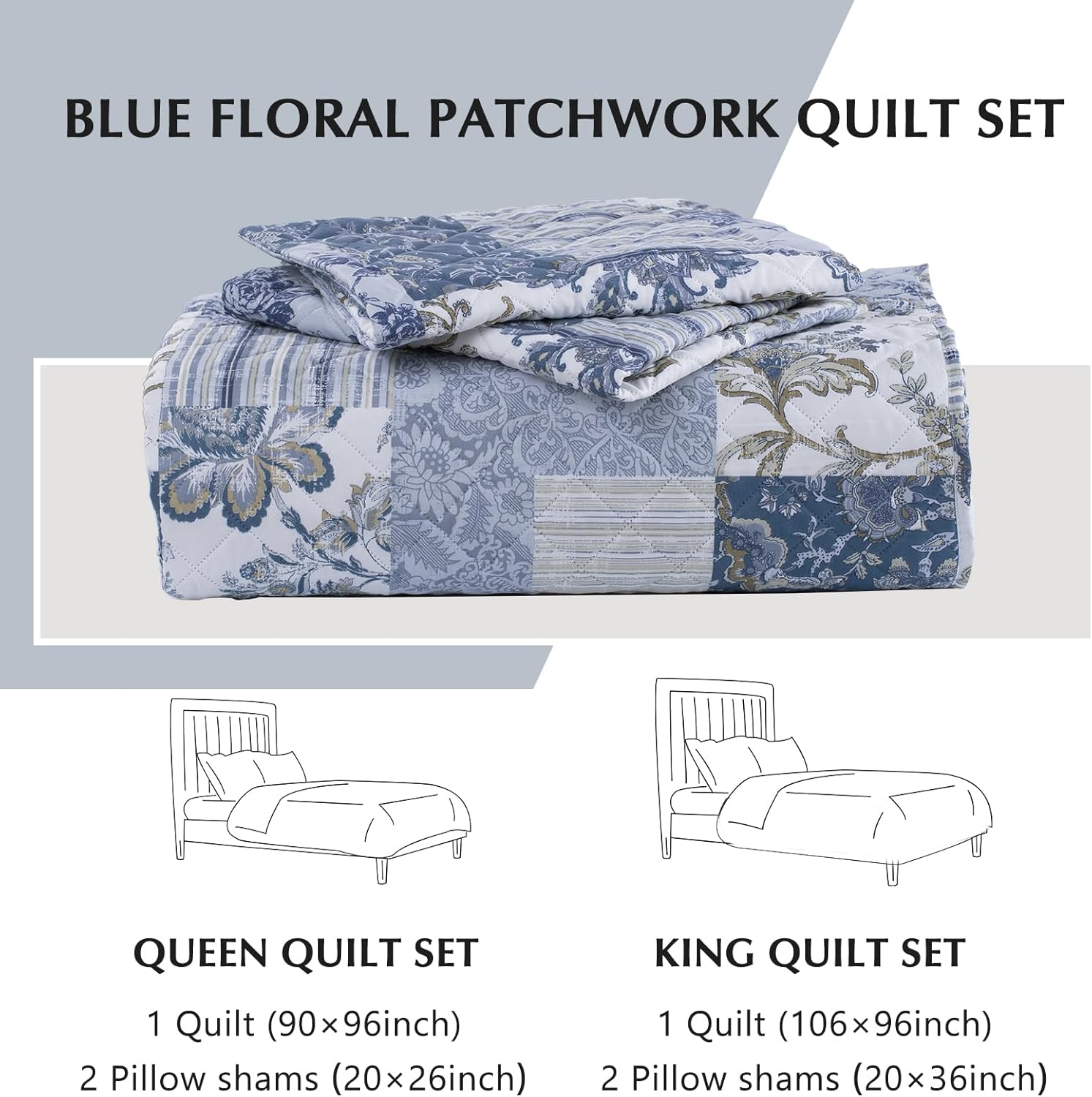 GOONE Blue Floral Quilt Set King Size Reversible Fade Resistant
