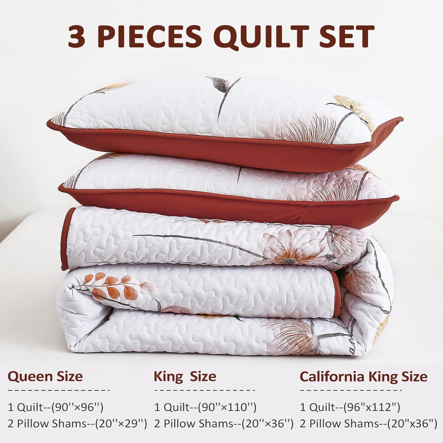 Dinjoy Floral King Quilt Set 3 Pieces Burnt Orange Yellow